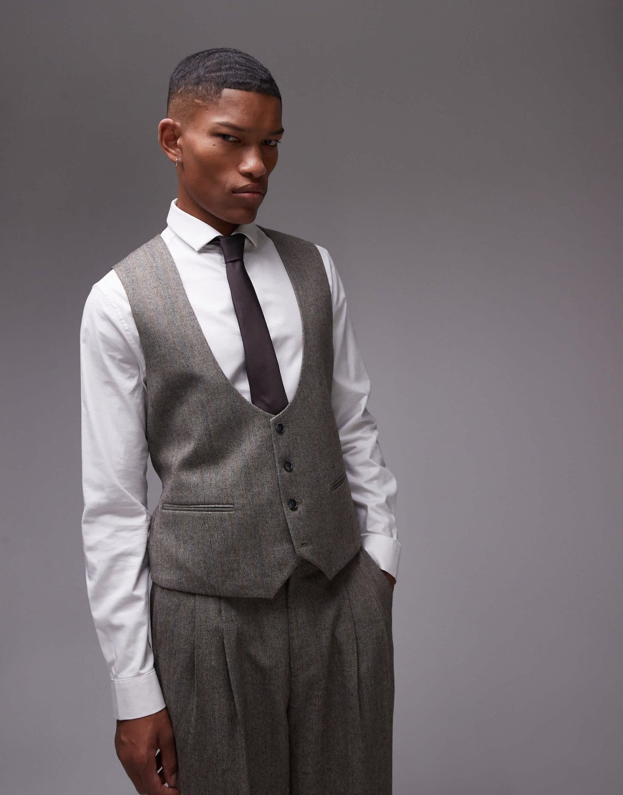 Topman premiumn wool mix striped herringbone waistcoat in brown - ASOS Sample Sale