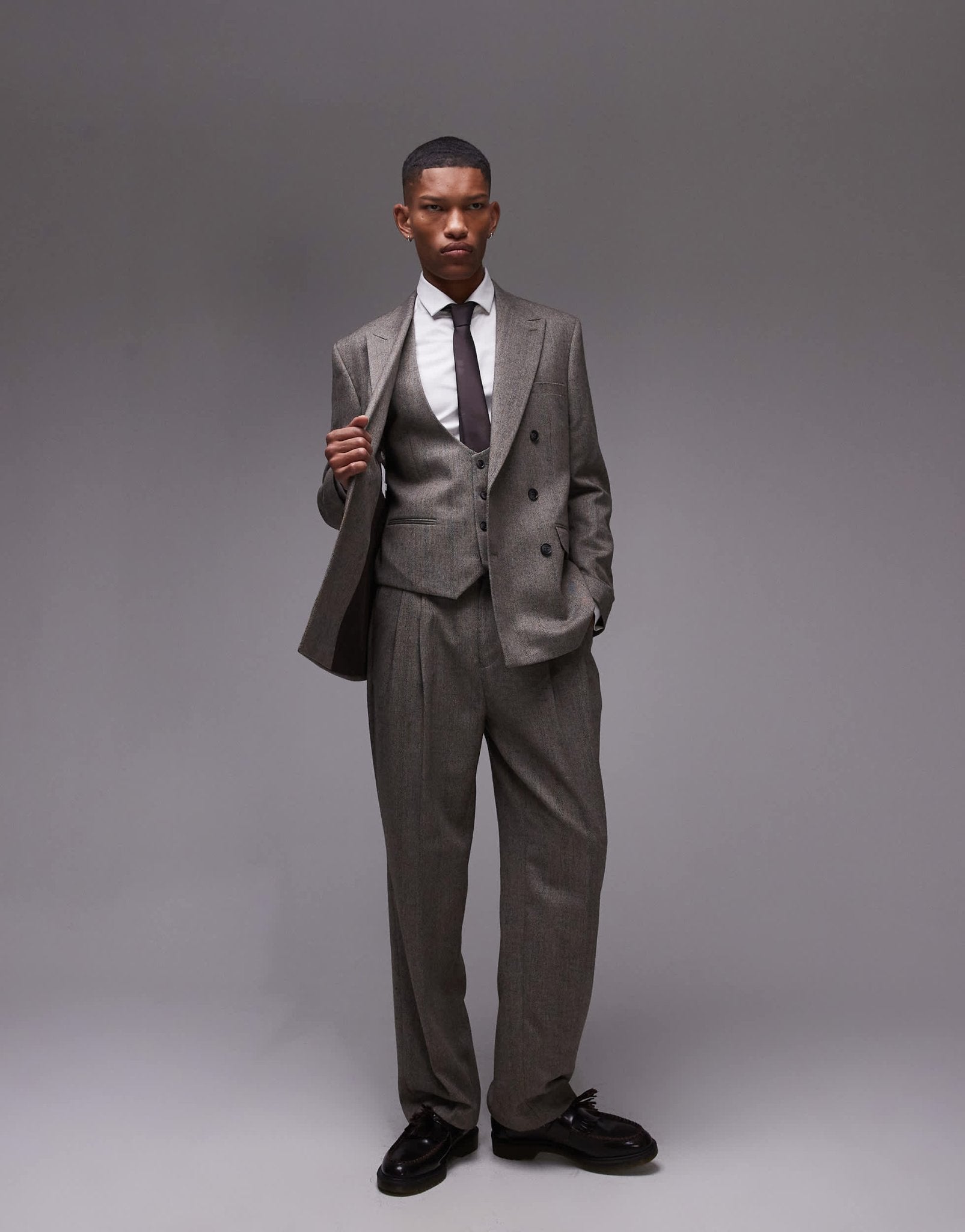 Topman premiumn wool mix striped herringbone waistcoat in brown - ASOS Sample Sale