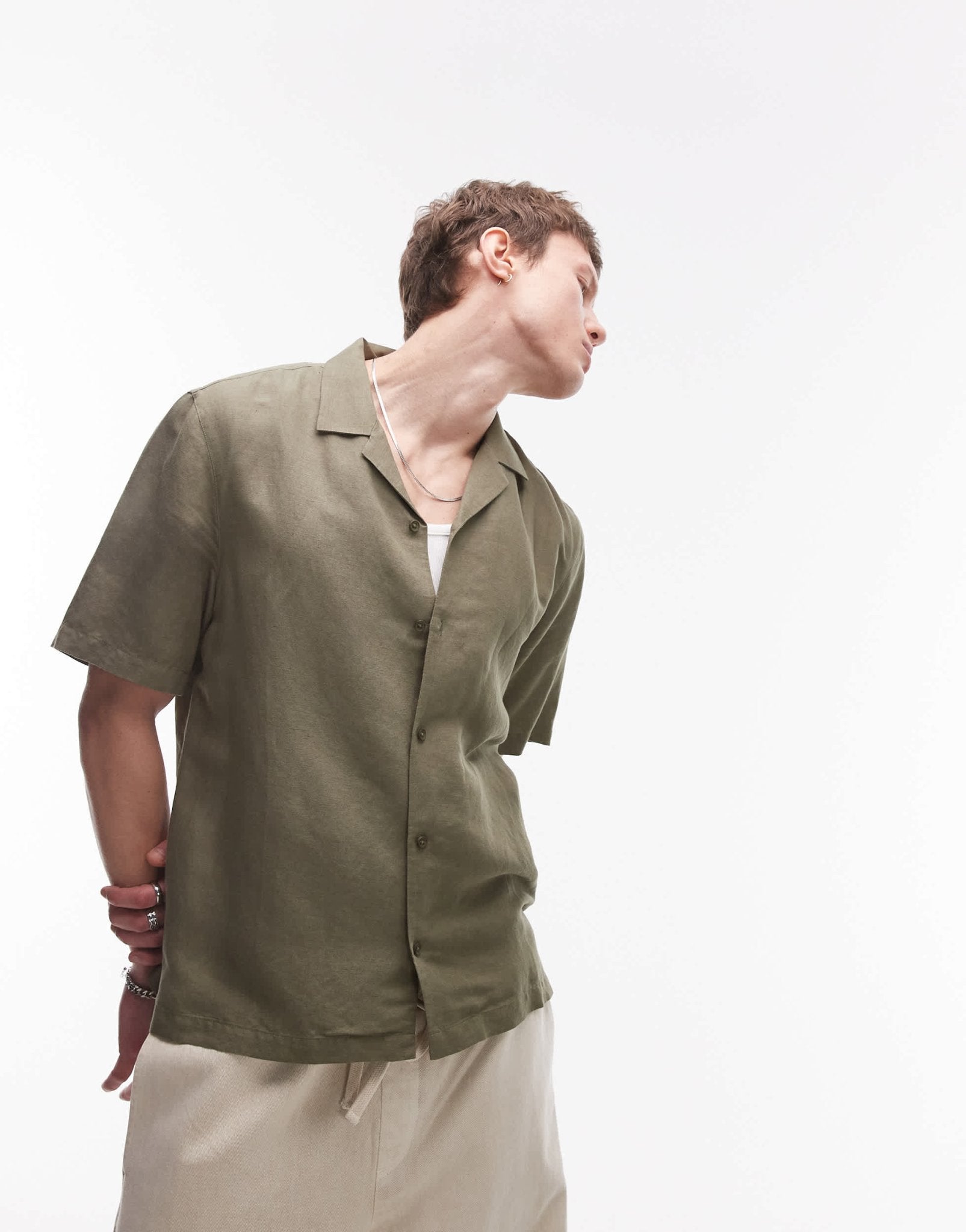 Topman regular fit short sleeve linen blend shirt in khaki - ASOS Sample Sale