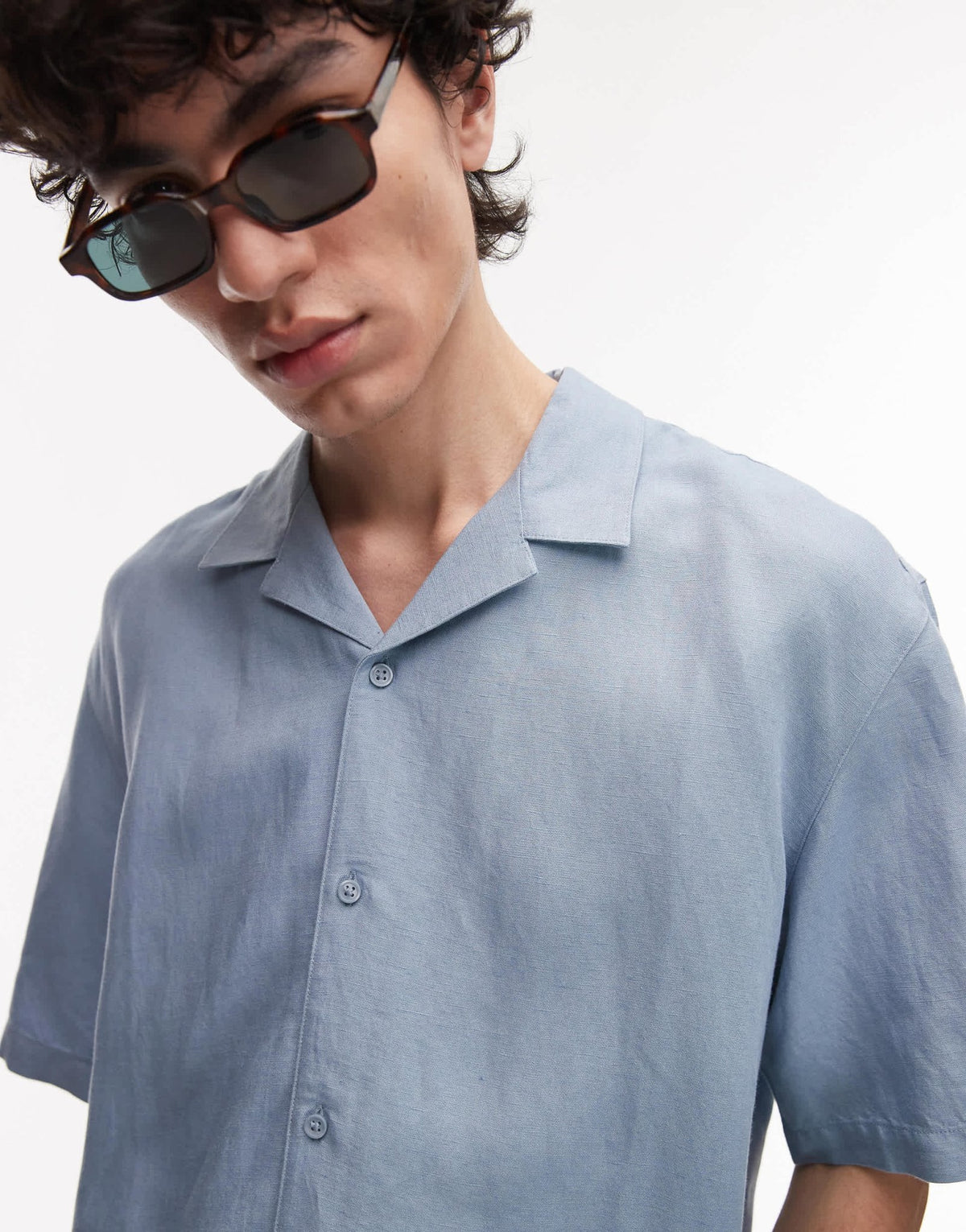 Topman regular fit short sleeve linen blend shirt in light blue - ASOS Sample Sale