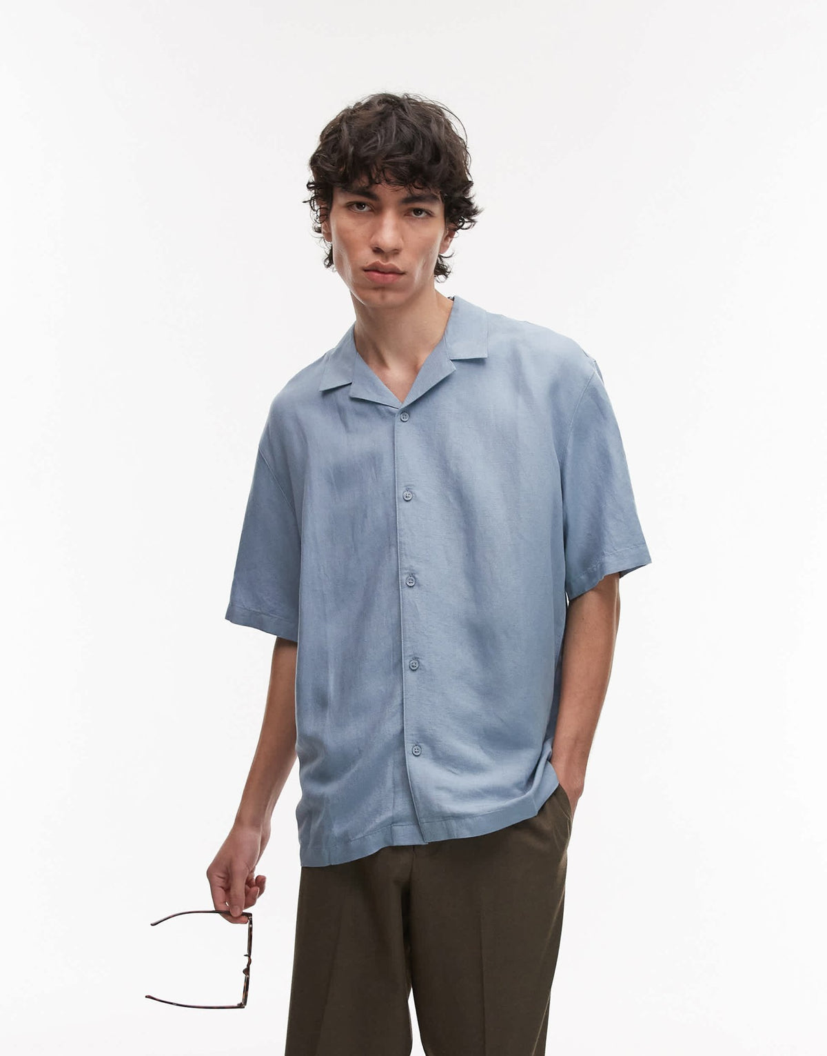 Topman regular fit short sleeve linen blend shirt in light blue - ASOS Sample Sale