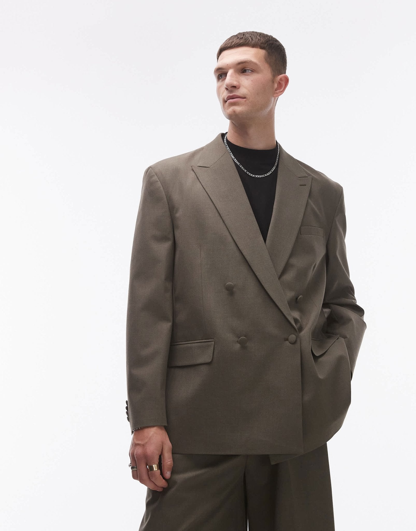 Topman relaxed deconstructed double breasted suit jacket in khaki - ASOS Sample Sale