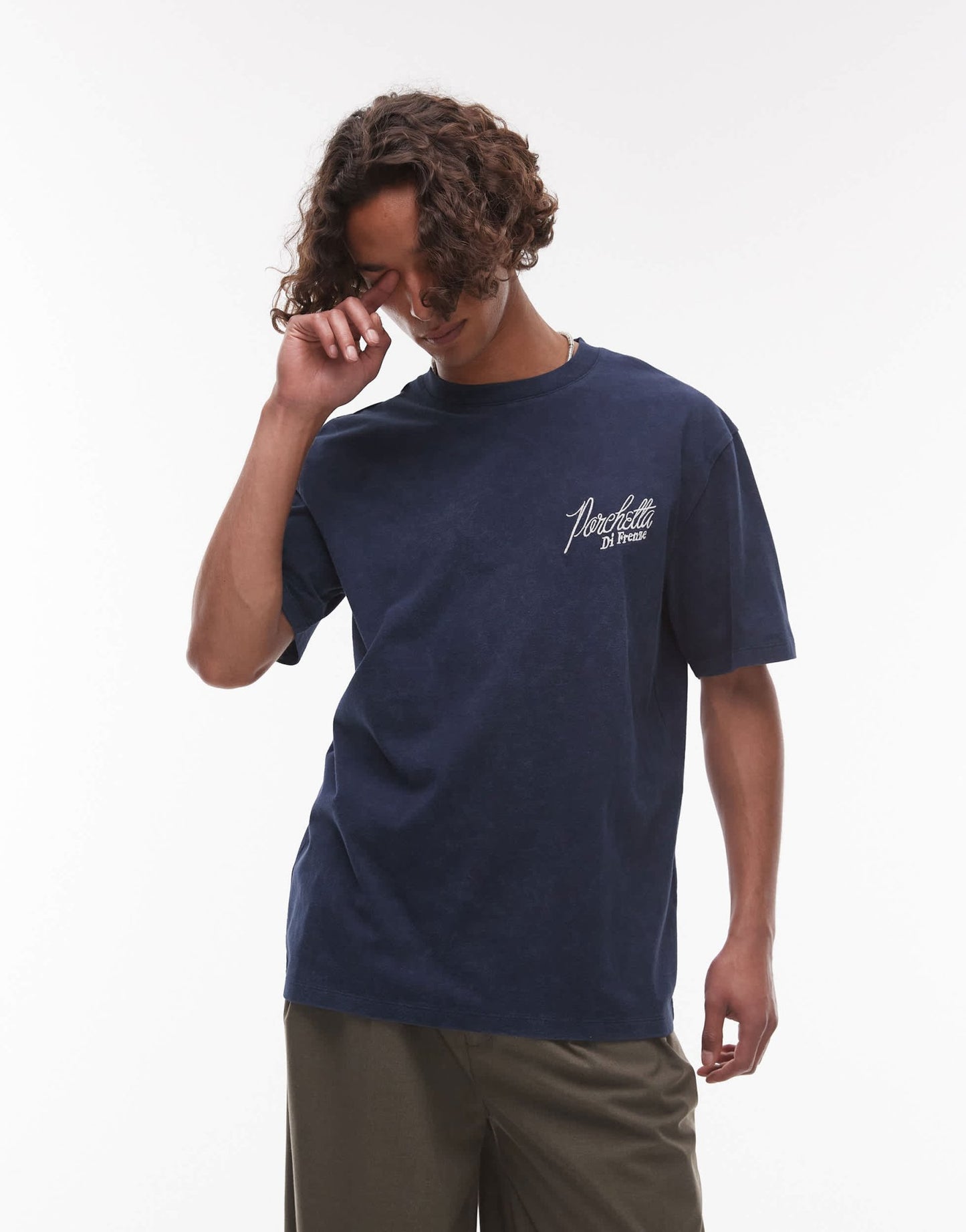 Topman relaxed fit t-shirt with front and back Porchetta print in washed navy - ASOS Sample Sale