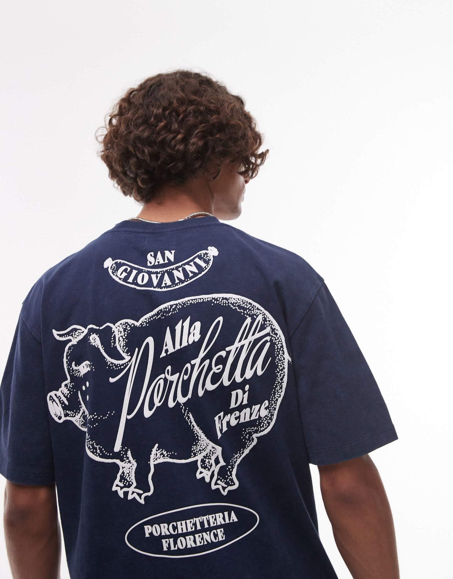 Topman relaxed fit t-shirt with front and back Porchetta print in washed navy - ASOS Sample Sale