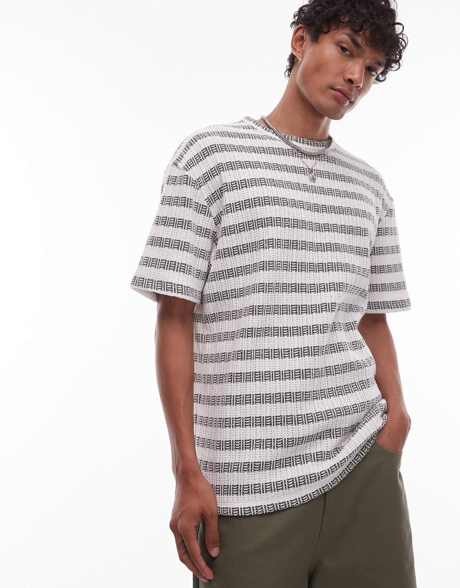 Topman relaxed fit t-shirt with textured stripe in khaki - ASOS Sample Sale