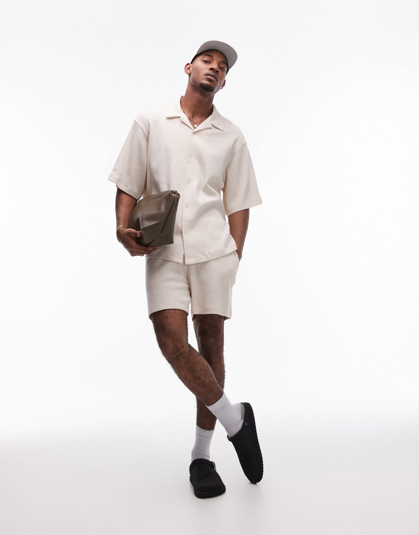 Topman relaxed fit waffle button through jersey shirt in stone - ASOS Sample Sale