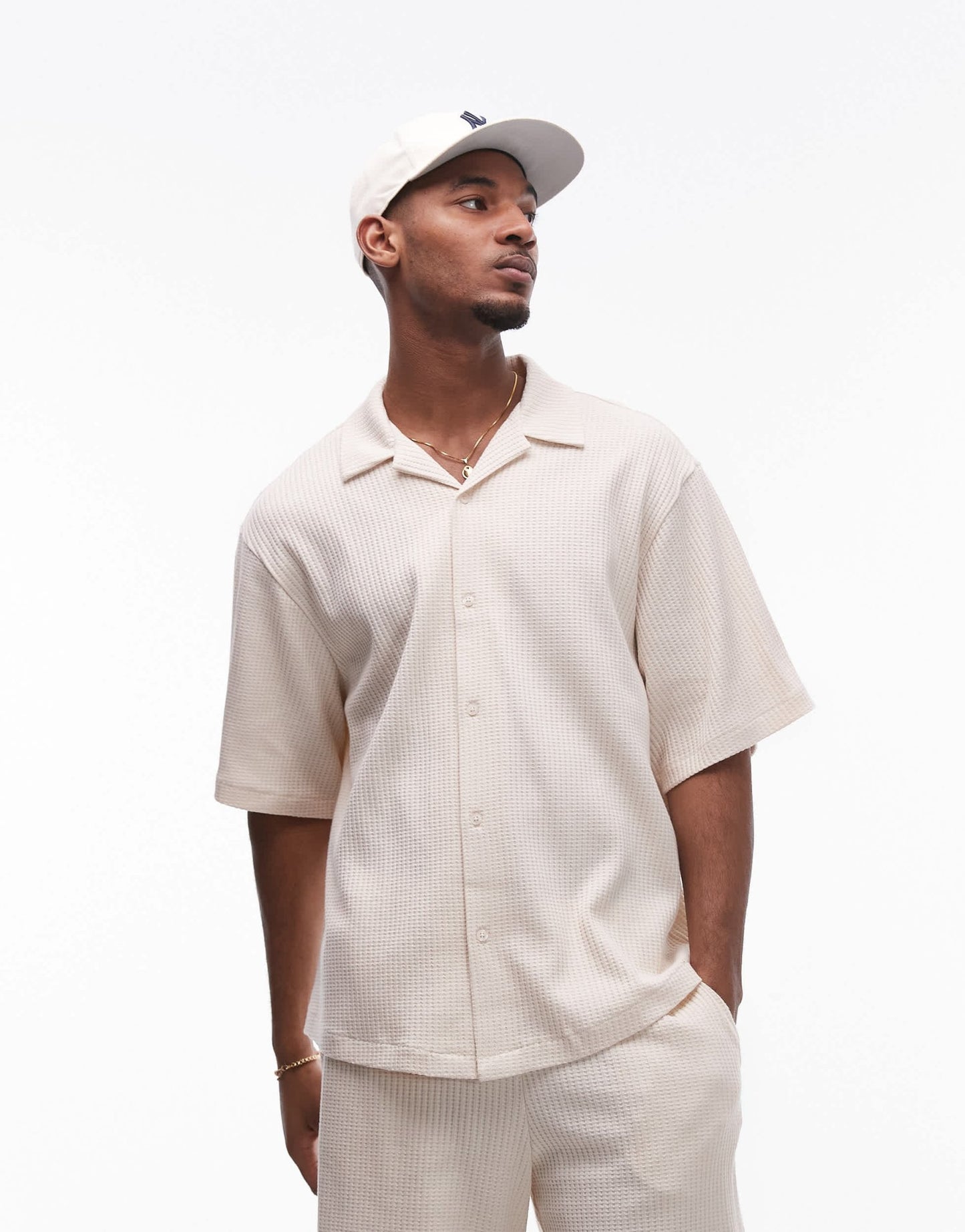 Topman relaxed fit waffle button through jersey shirt in stone - ASOS Sample Sale