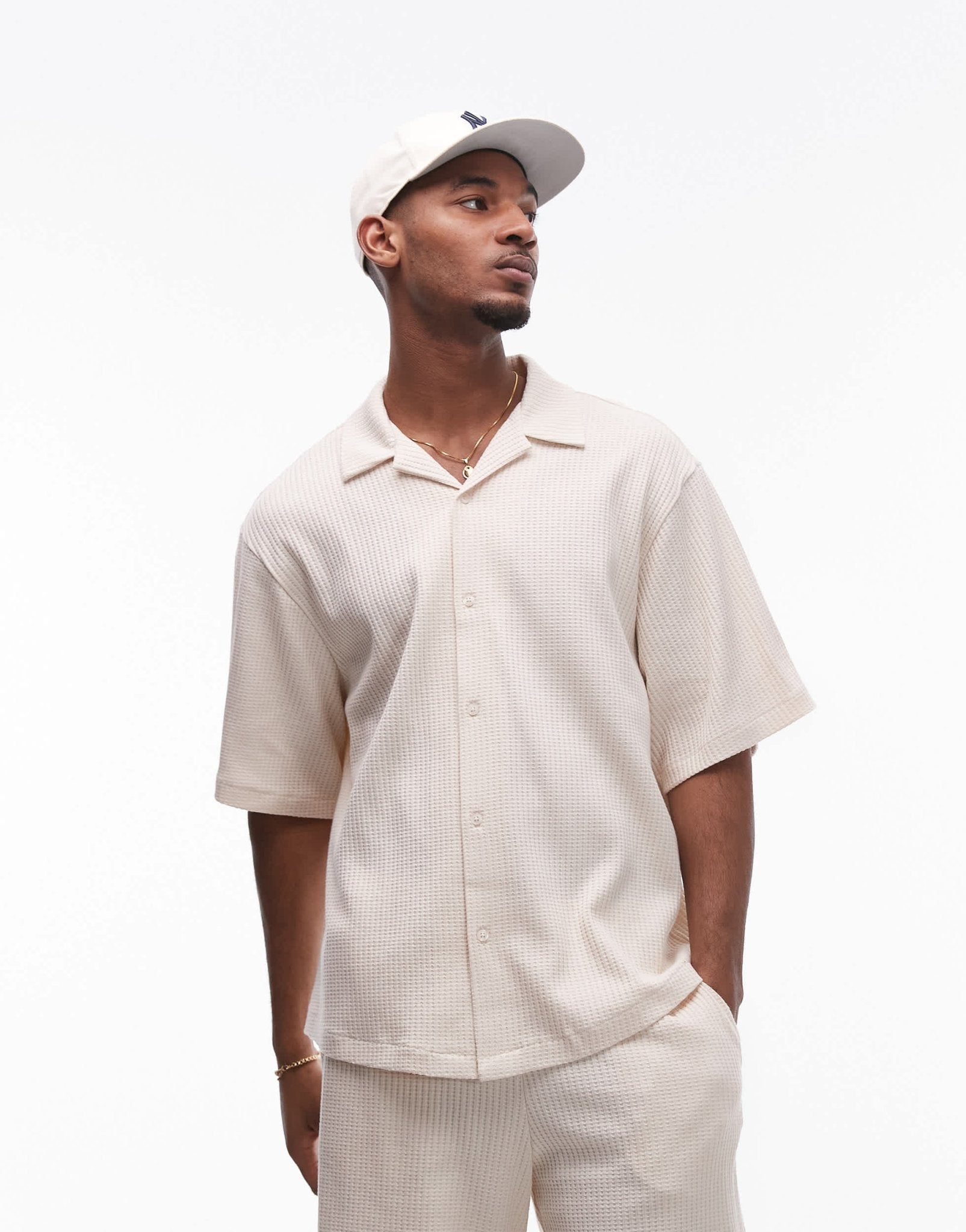 Topman relaxed fit waffle button through jersey shirt in stone - ASOS Sample Sale