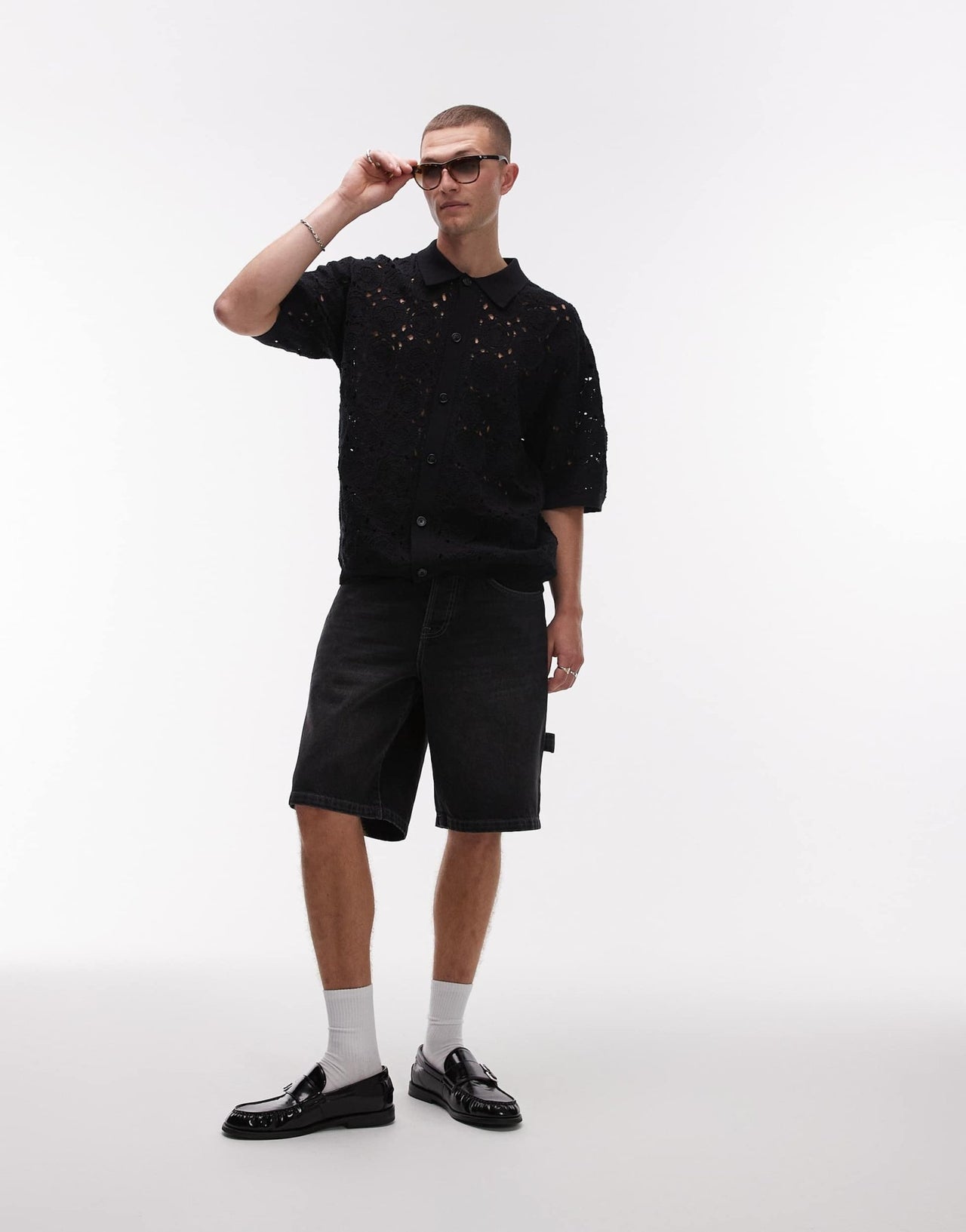 Topman relaxed floral crochet shirt in black - ASOS Sample Sale