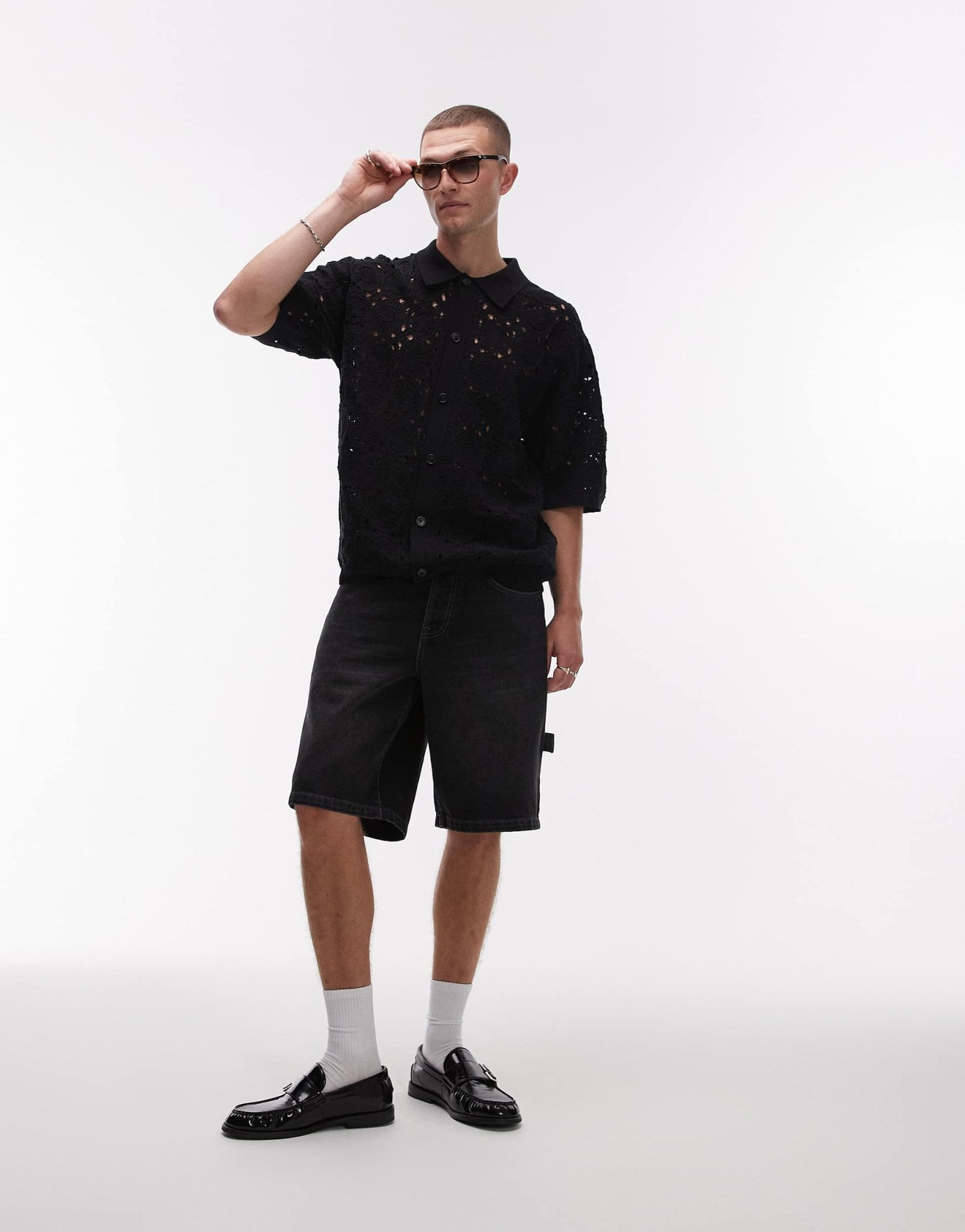 Topman relaxed floral crochet shirt in black - ASOS Sample Sale