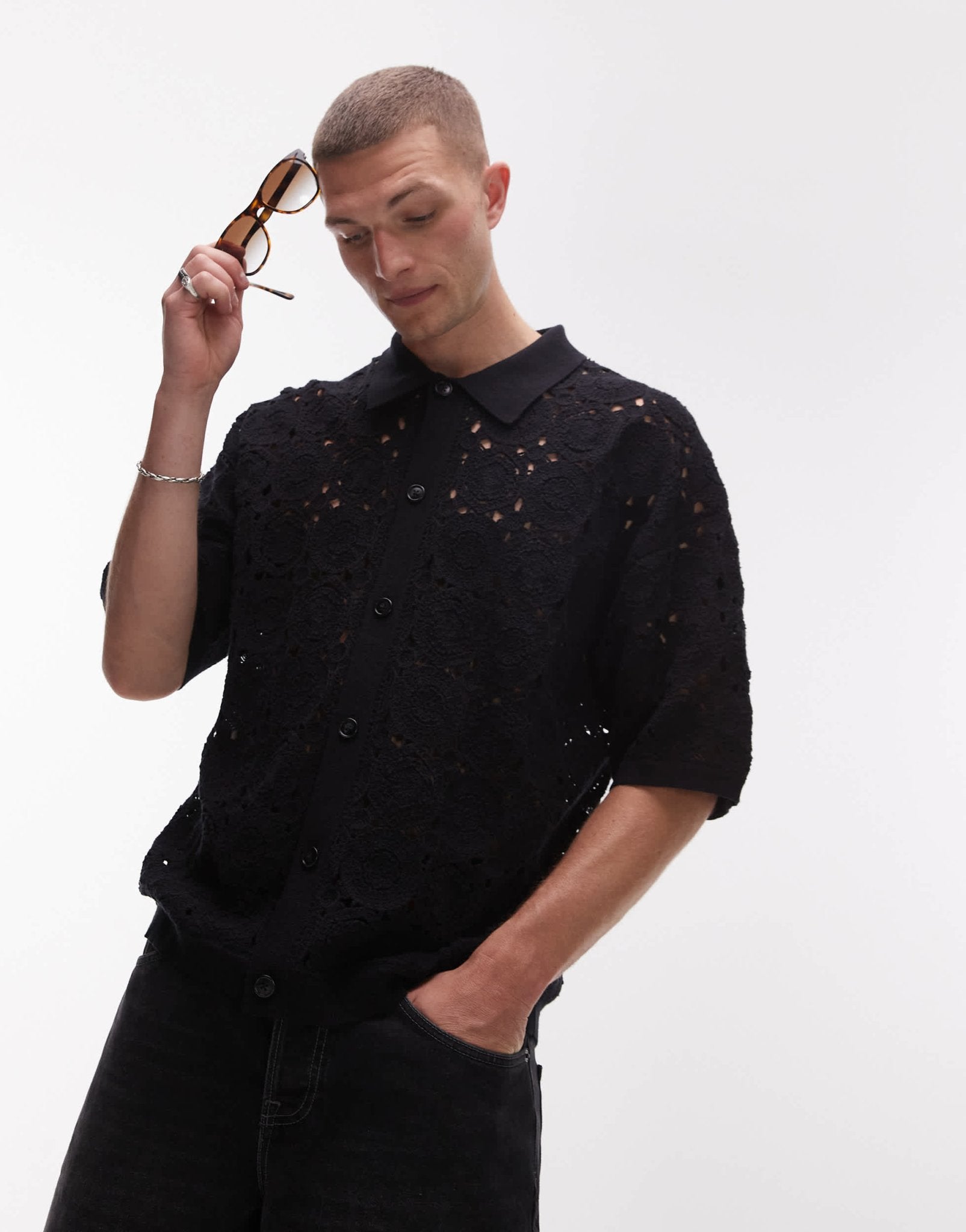 Topman relaxed floral crochet shirt in black - ASOS Sample Sale