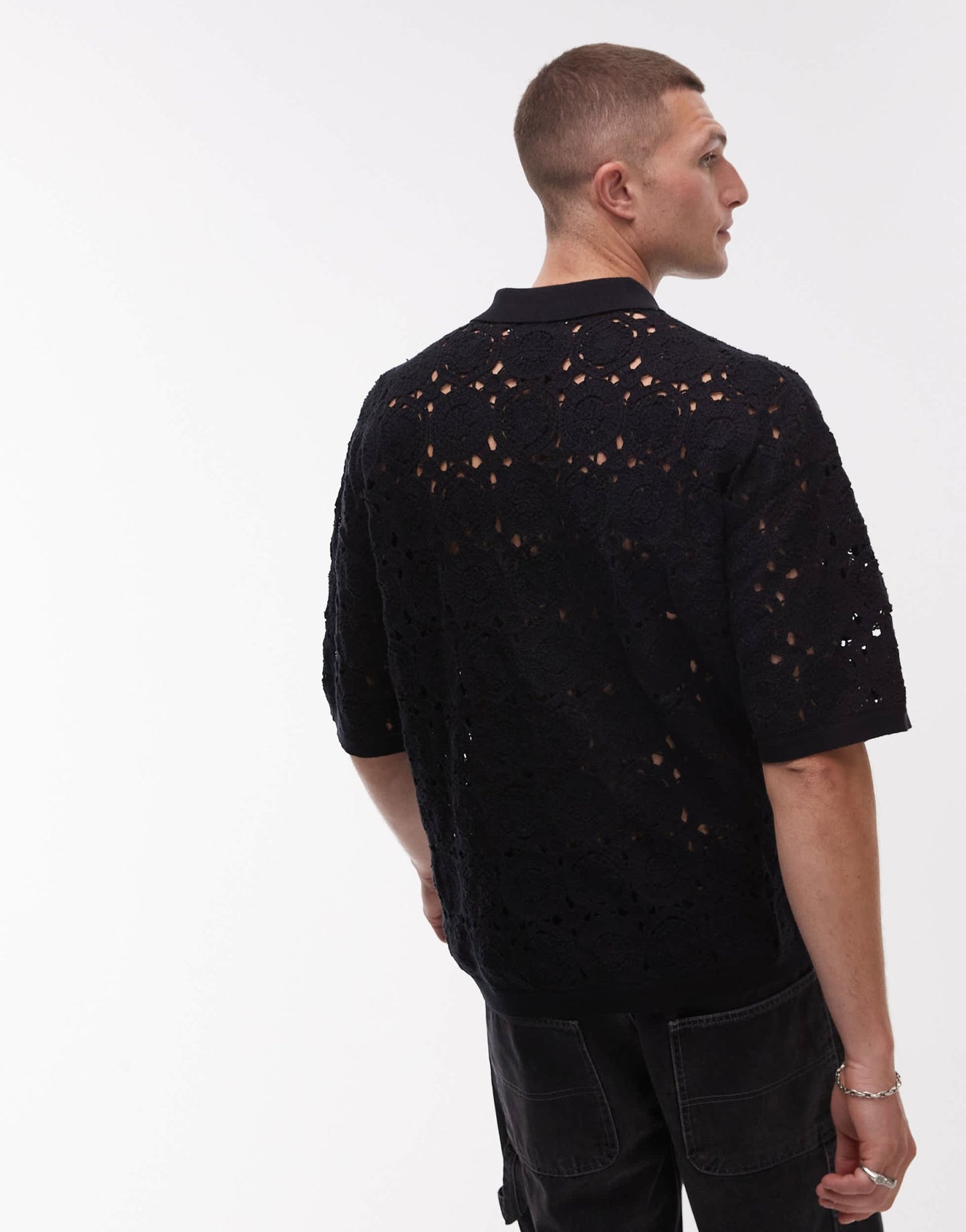 Topman relaxed floral crochet shirt in black - ASOS Sample Sale
