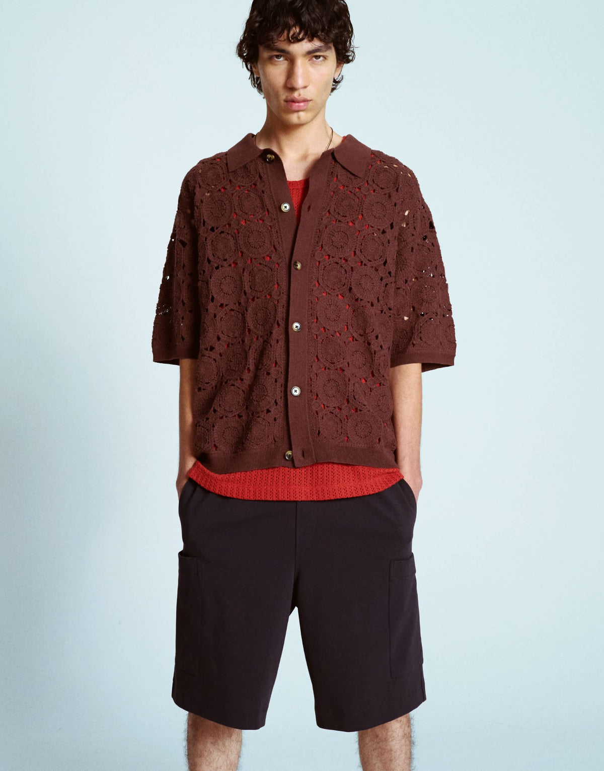 Topman relaxed floral crochet shirt in brown - ASOS Sample Sale