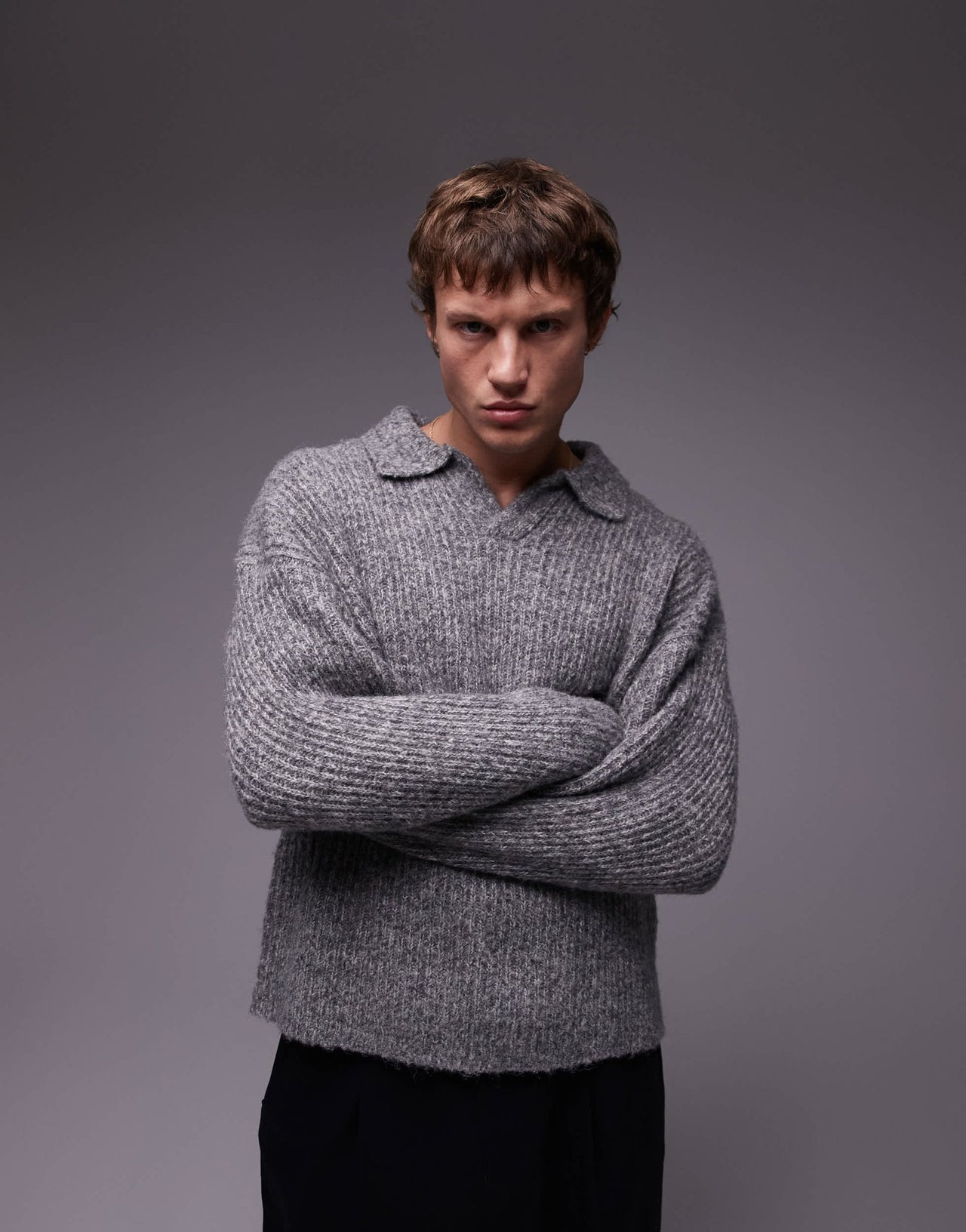 Topman relaxed open collar jumper in grey marl - ASOS Sample Sale