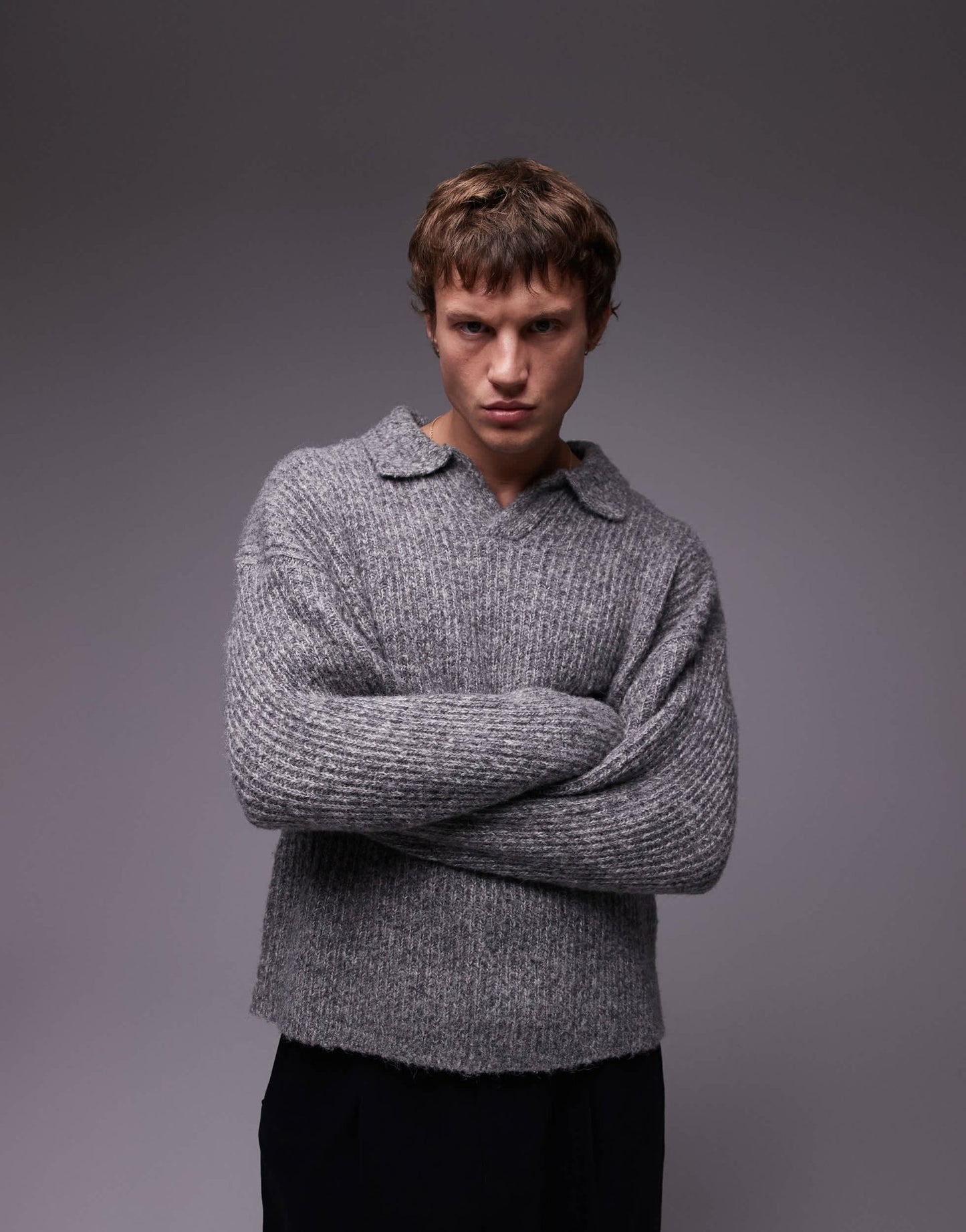 Topman relaxed open collar jumper in grey marl - ASOS Sample Sale
