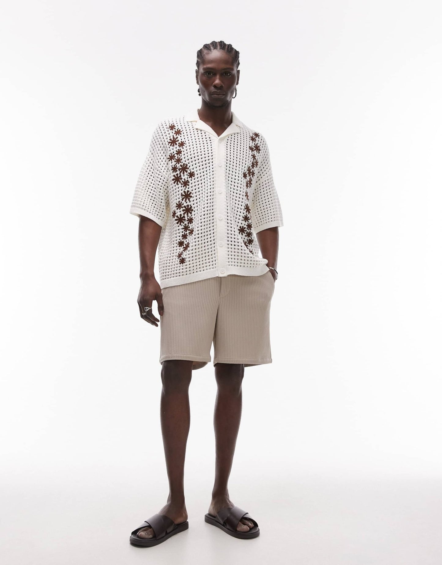 Topman revere embroidered floral crochet shirt in ecru - ASOS Sample Sale