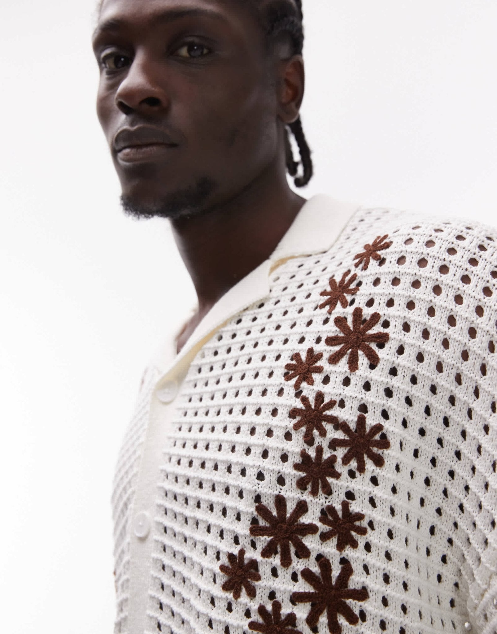 Topman revere embroidered floral crochet shirt in ecru - ASOS Sample Sale