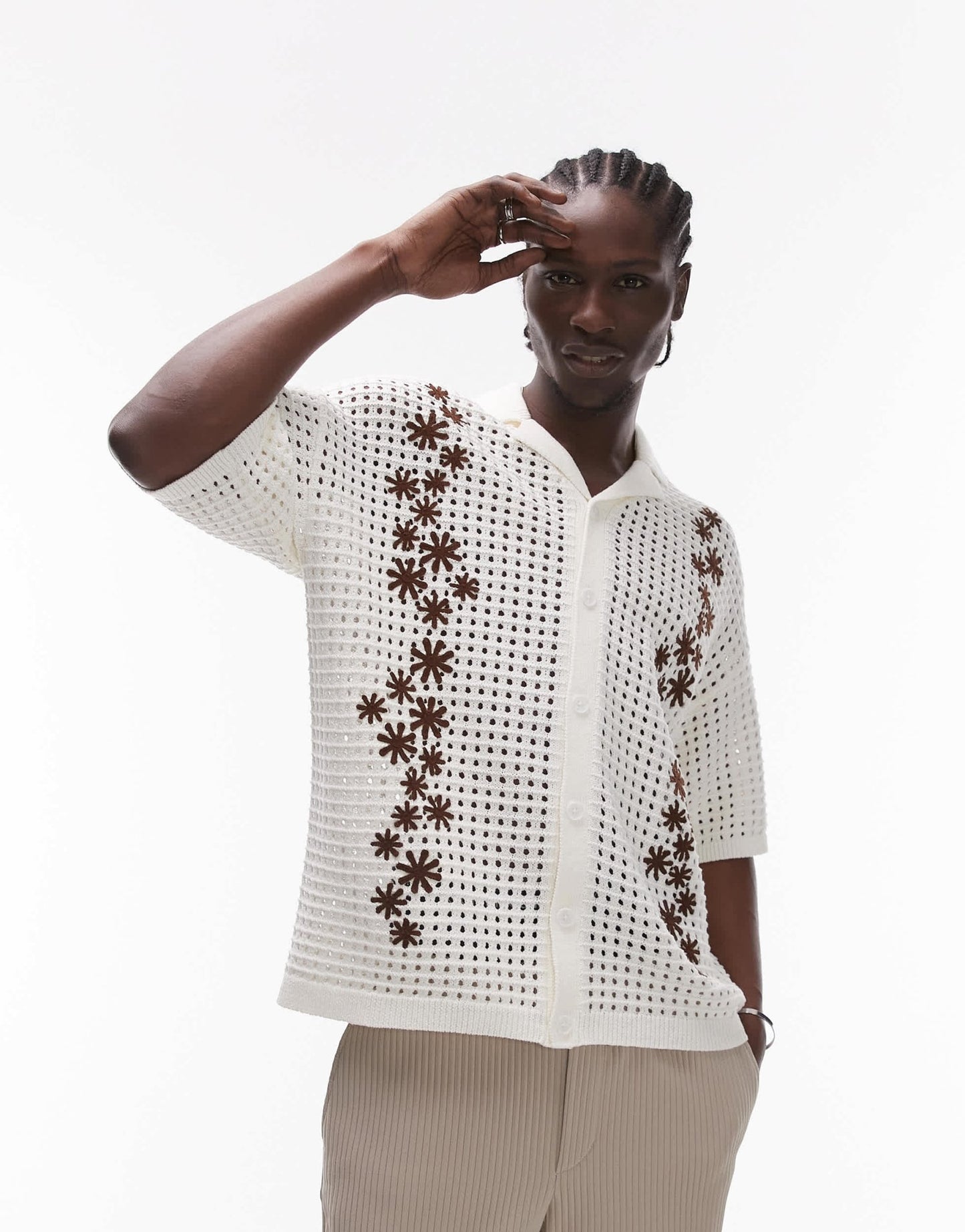 Topman revere embroidered floral crochet shirt in ecru - ASOS Sample Sale