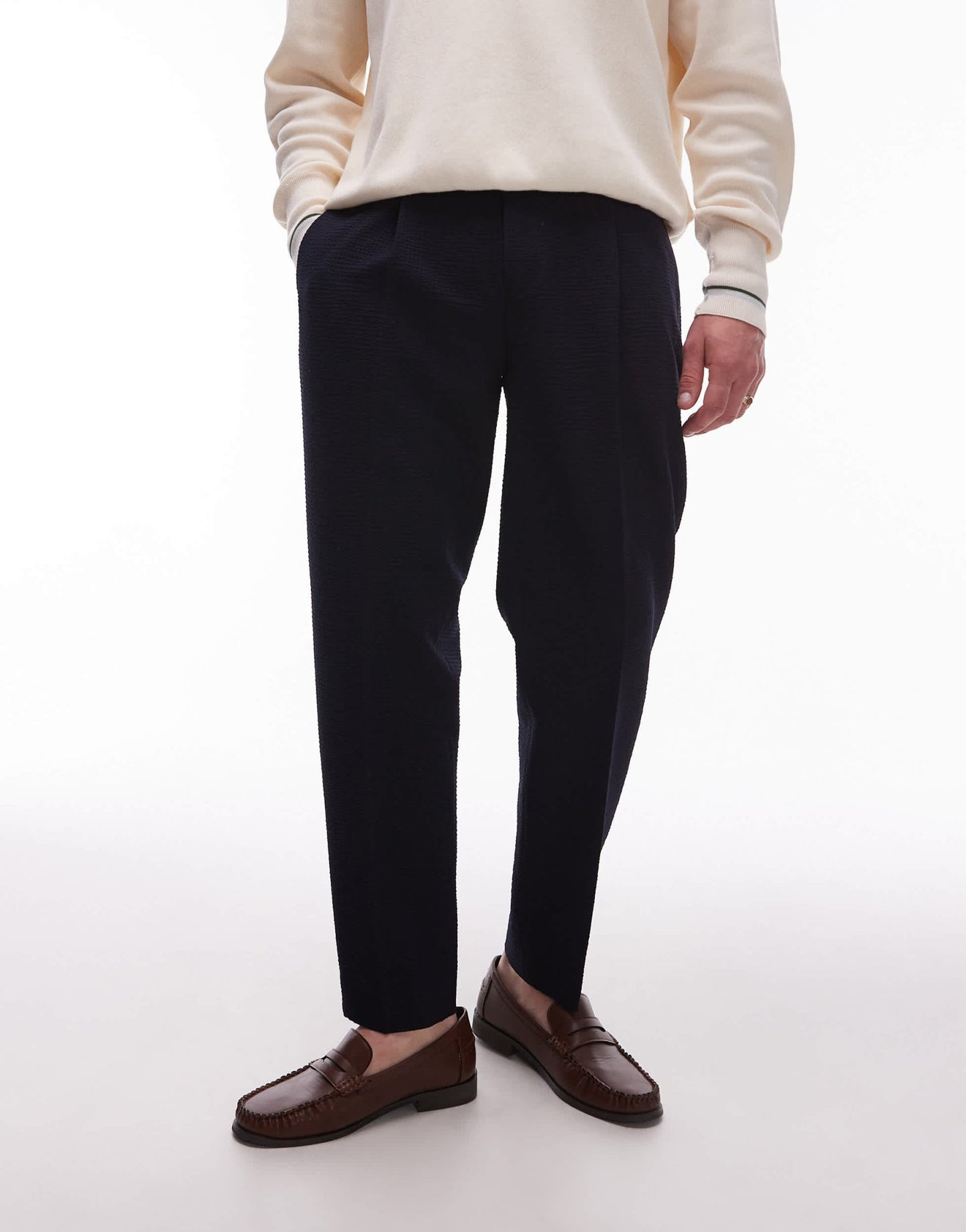 Topman seersucker tapered trousers in navy - ASOS Sample Sale