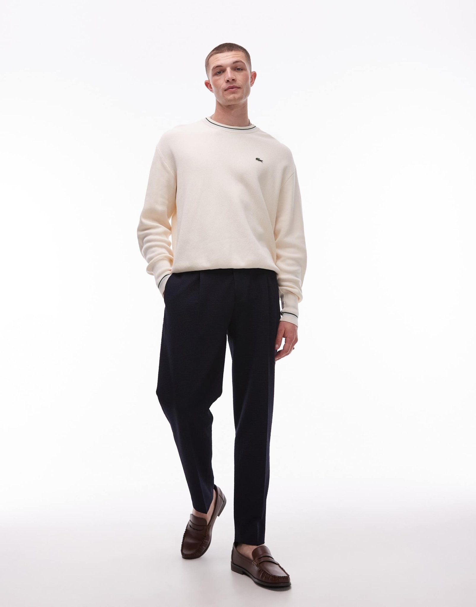 Topman seersucker tapered trousers in navy - ASOS Sample Sale