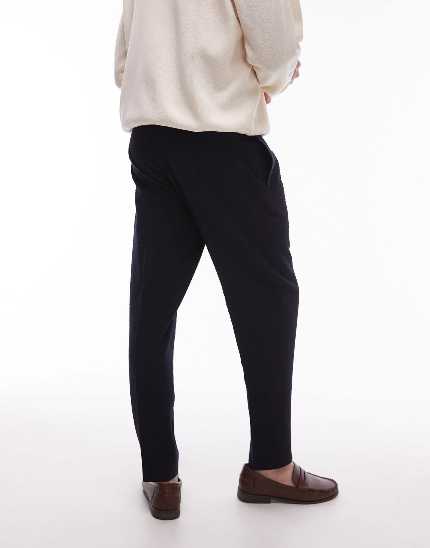 Topman seersucker tapered trousers in navy - ASOS Sample Sale
