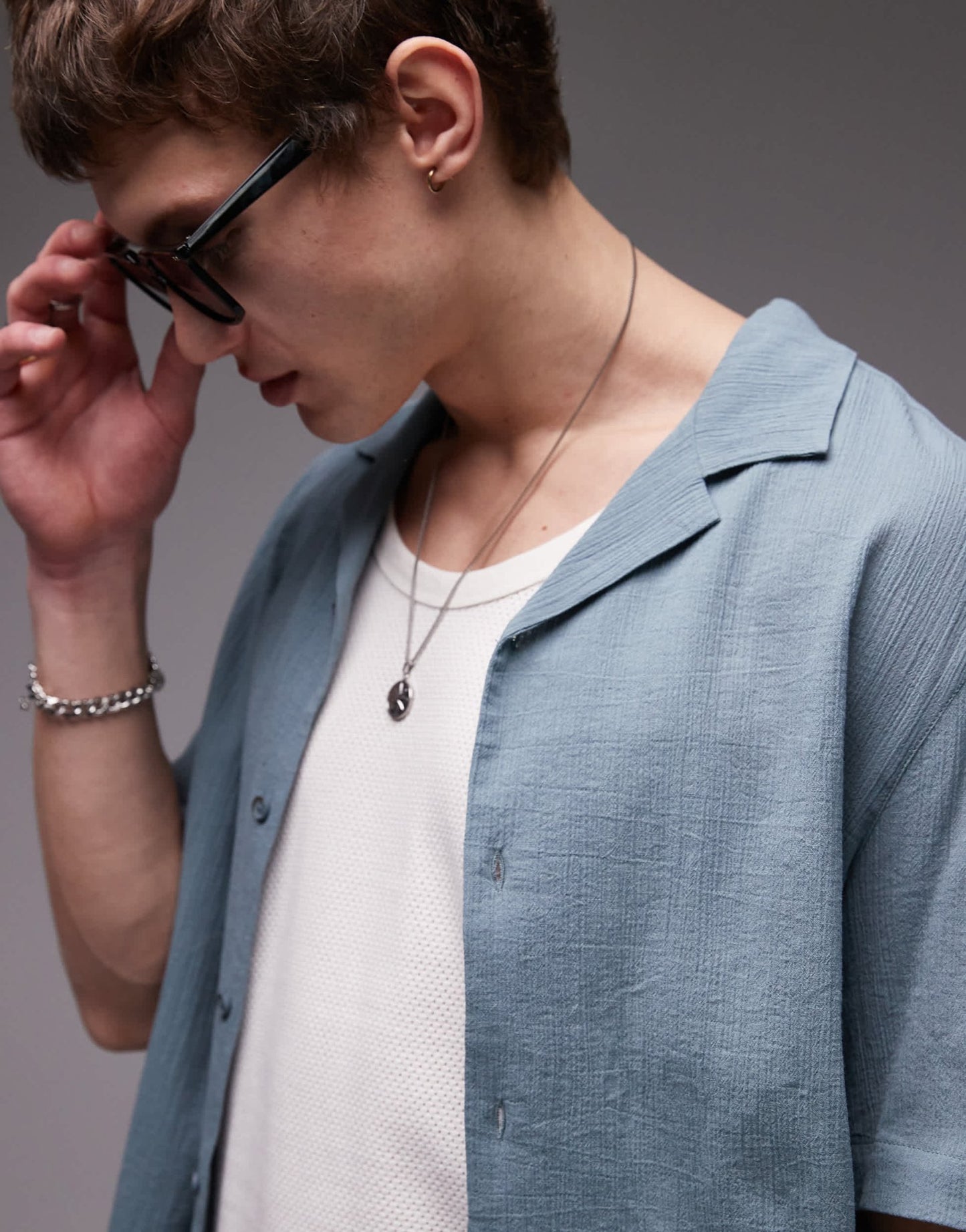 Topman short sleeve crinkle shirt in mid blue - ASOS Sample Sale