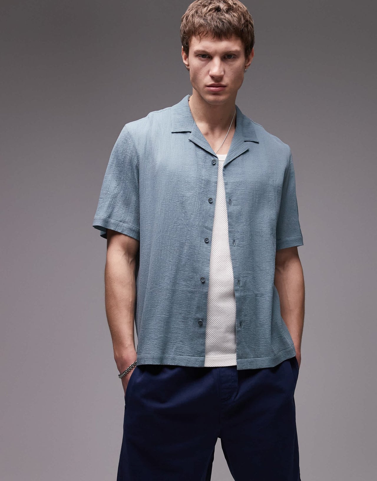 Topman short sleeve crinkle shirt in mid blue - ASOS Sample Sale