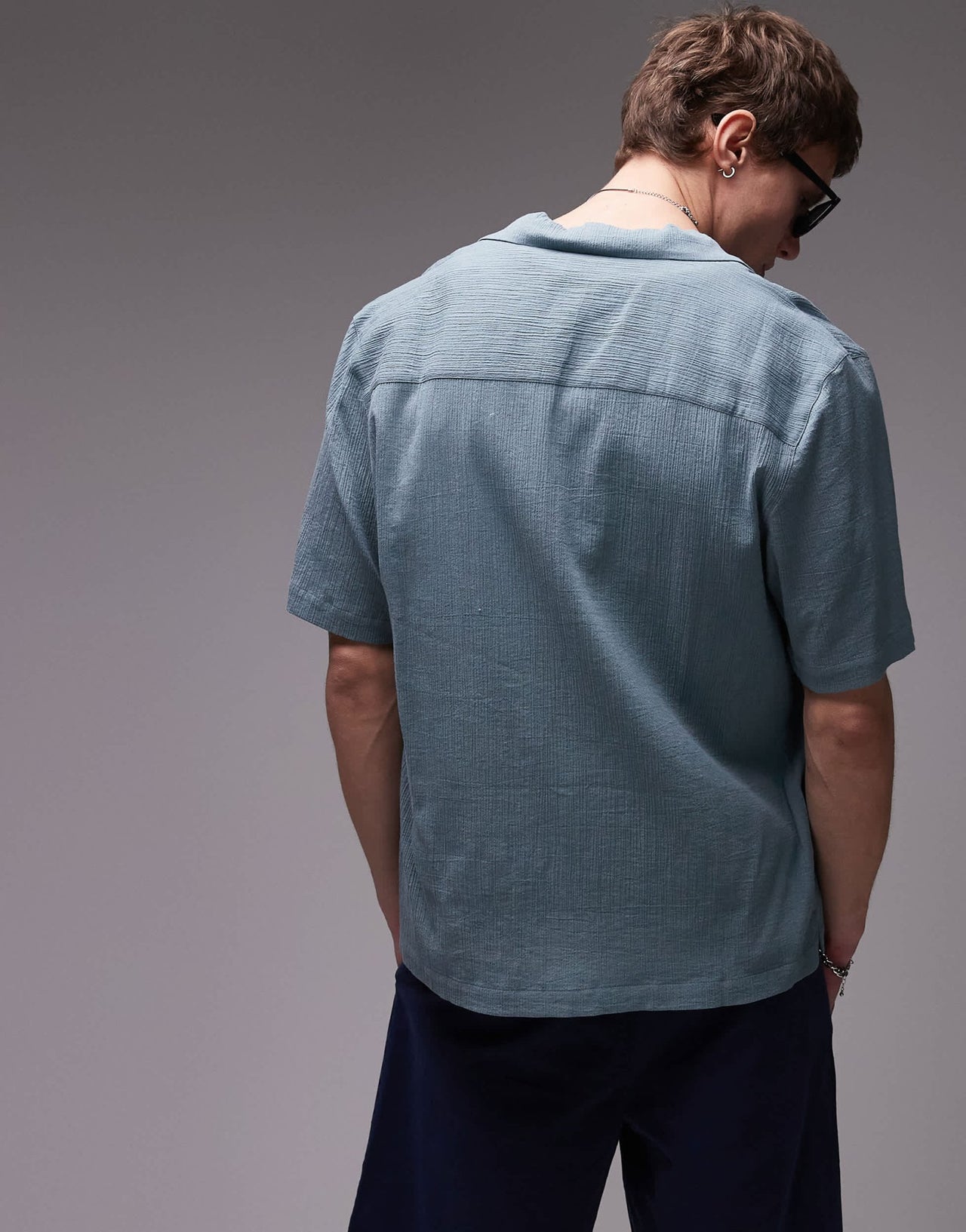 Topman short sleeve crinkle shirt in mid blue - ASOS Sample Sale