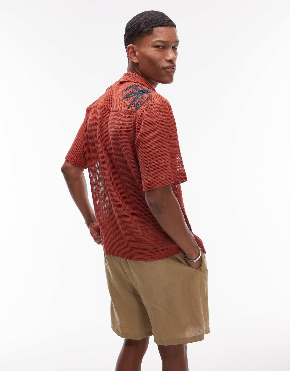 Topman short sleeve crochet roped floral shirt in rust - ASOS Sample Sale