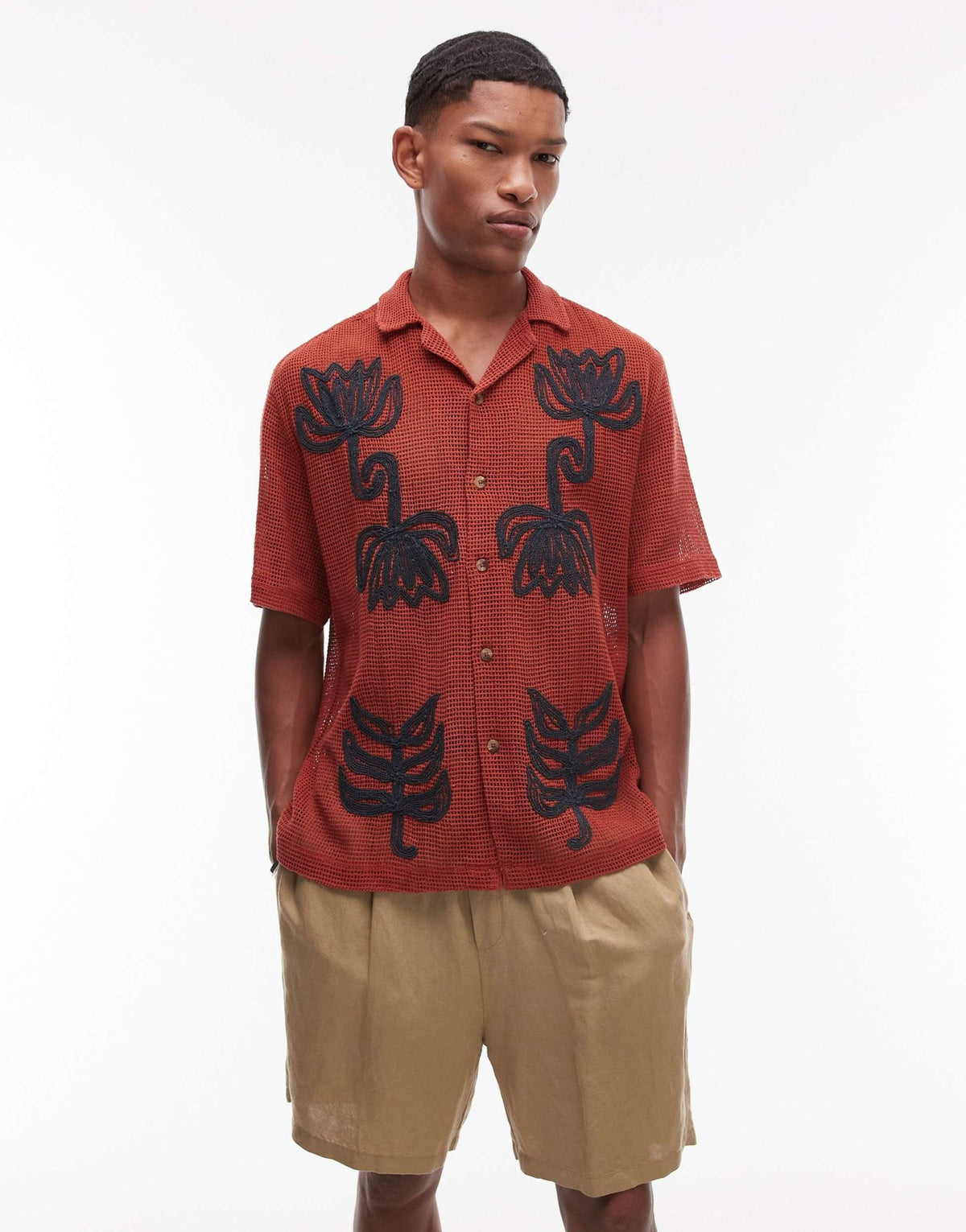 Topman short sleeve crochet roped floral shirt in rust - ASOS Sample Sale