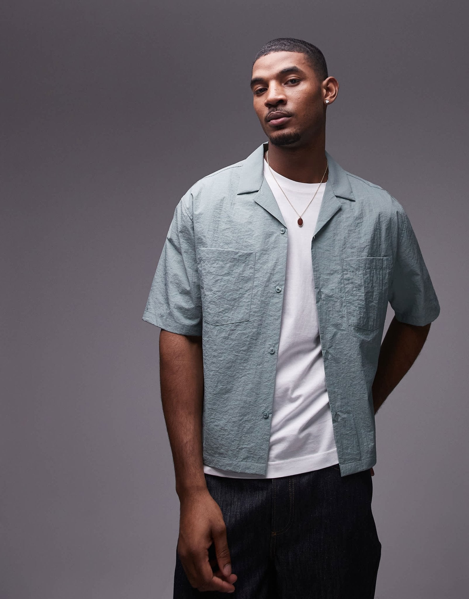 Topman short sleeve cropped boxy fit technical shirt in green - ASOS Sample Sale