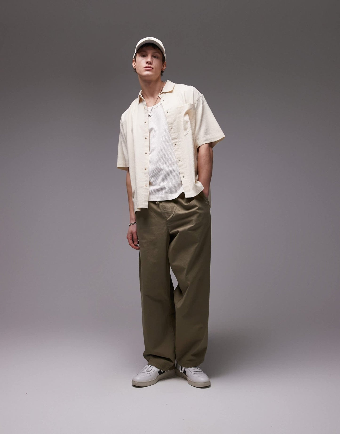 Topman short sleeve textured boxy shirt in stone - ASOS Sample Sale