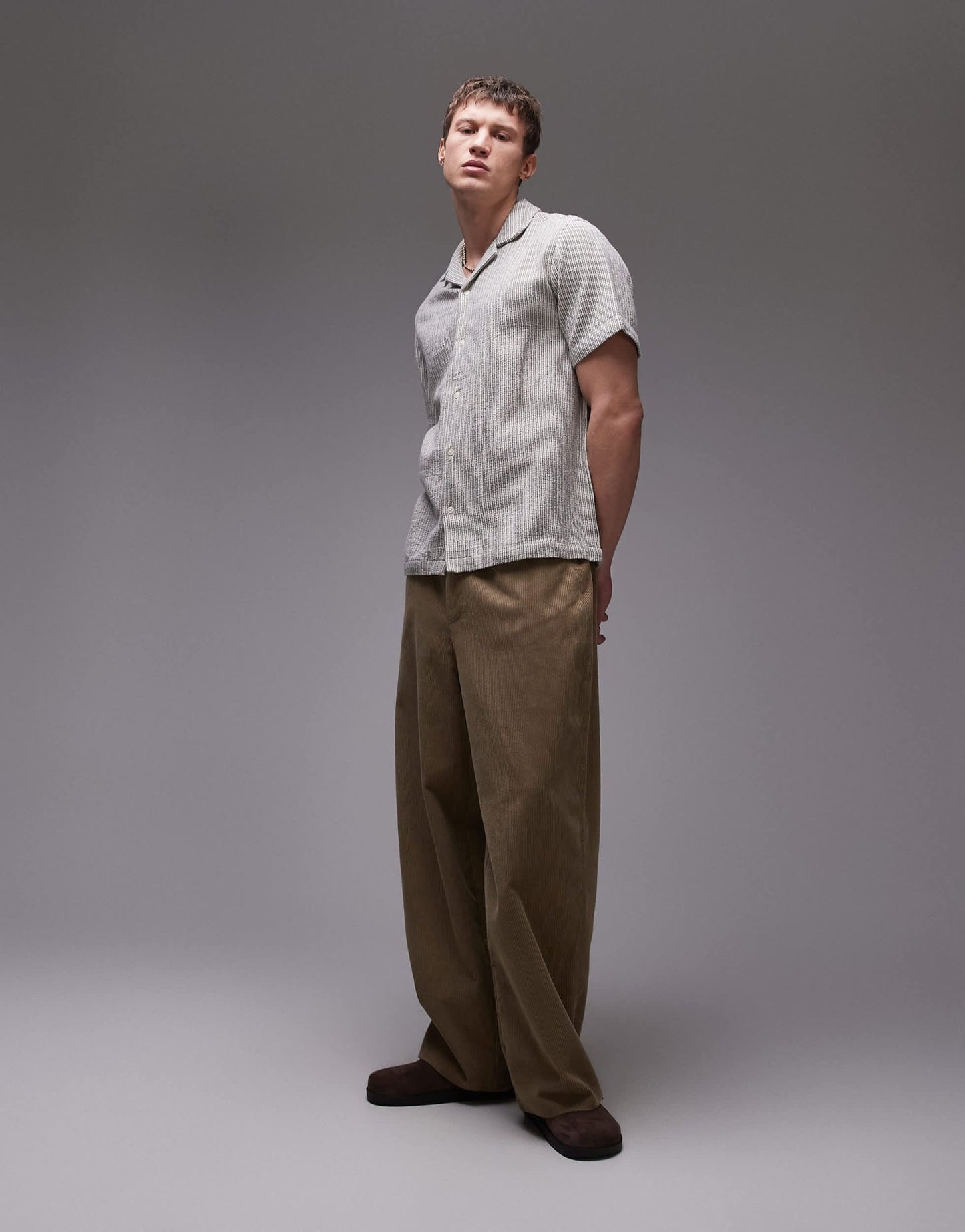 Topman short sleeve textured stripe shirt in stone - ASOS Sample Sale