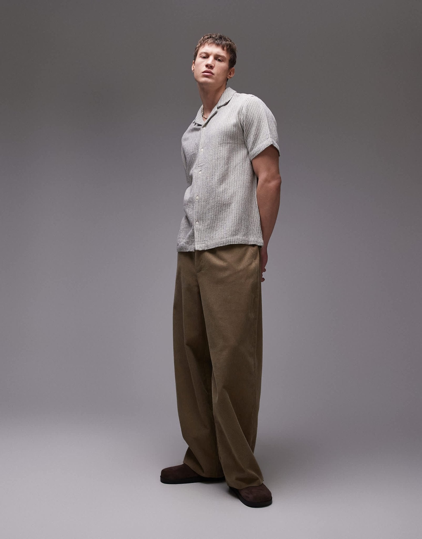 Topman short sleeve textured stripe shirt in stone - ASOS Sample Sale