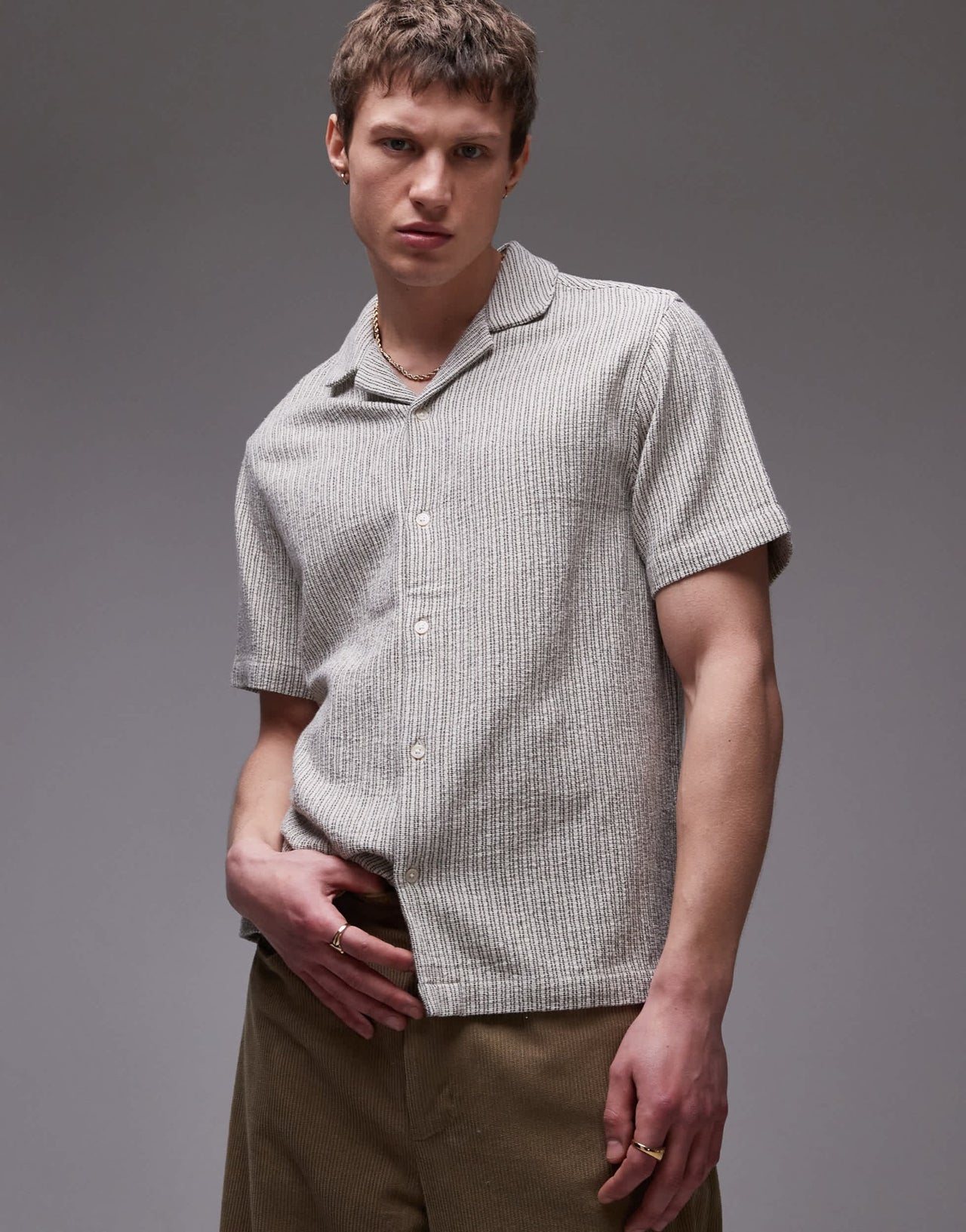 Topman short sleeve textured stripe shirt in stone - ASOS Sample Sale