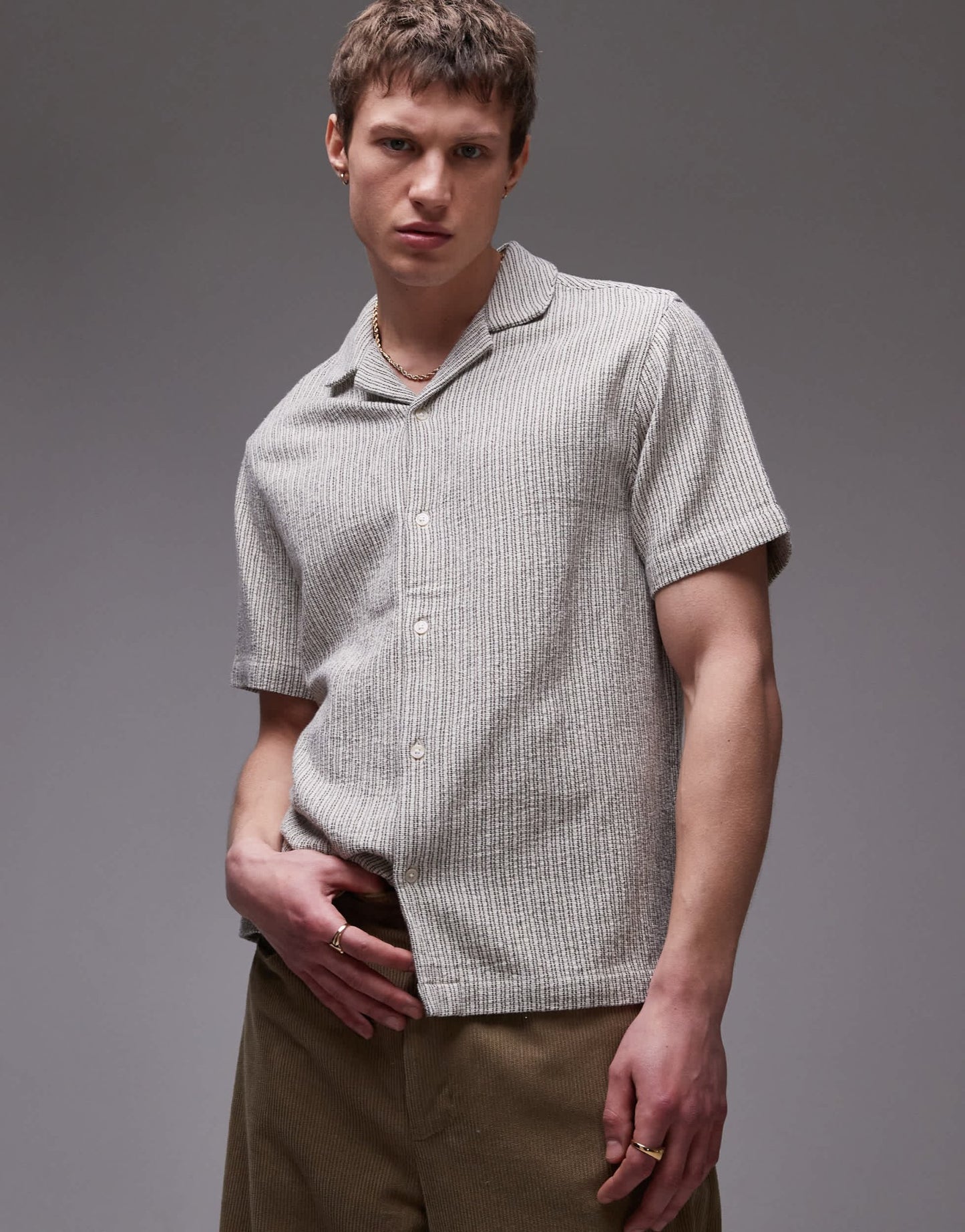 Topman short sleeve textured stripe shirt in stone - ASOS Sample Sale