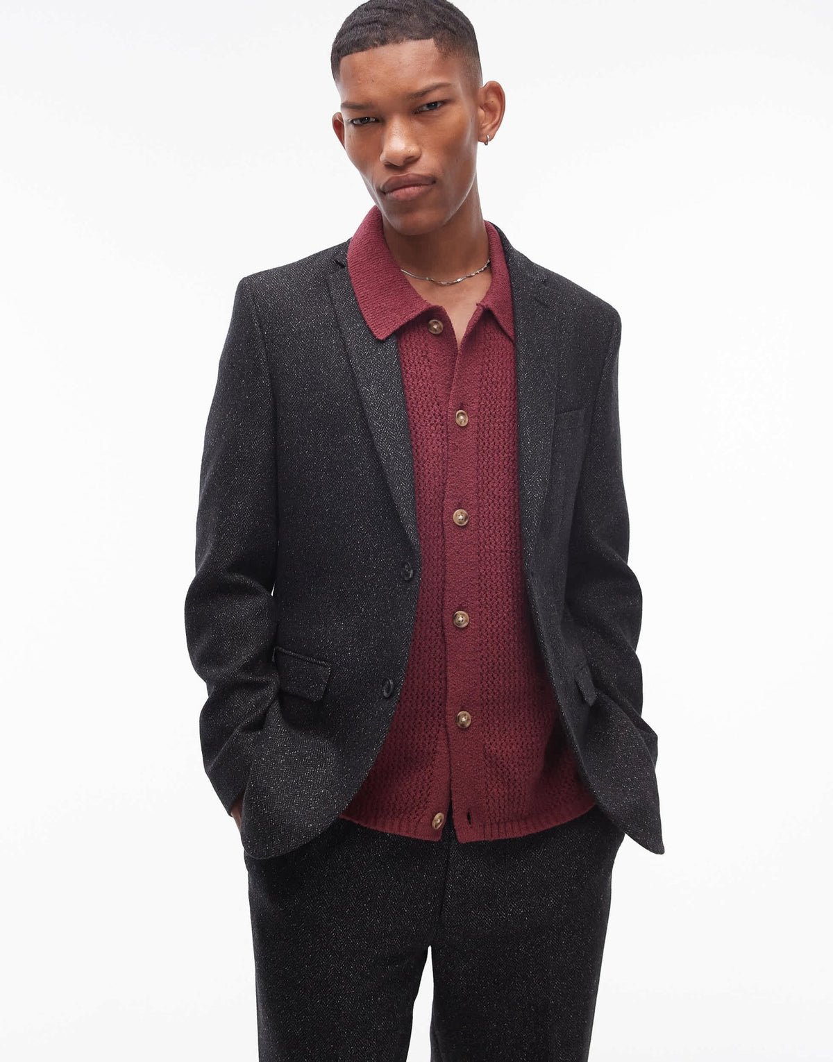 Topman slim salt and pepper wool mix suit jacket in black - ASOS Sample Sale