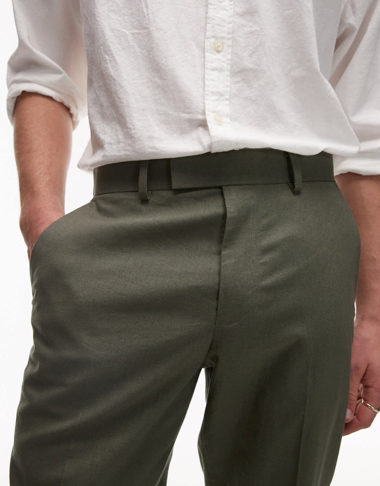 Topman straight fit linen blend suit trouser in khaki - ASOS Sample Sale