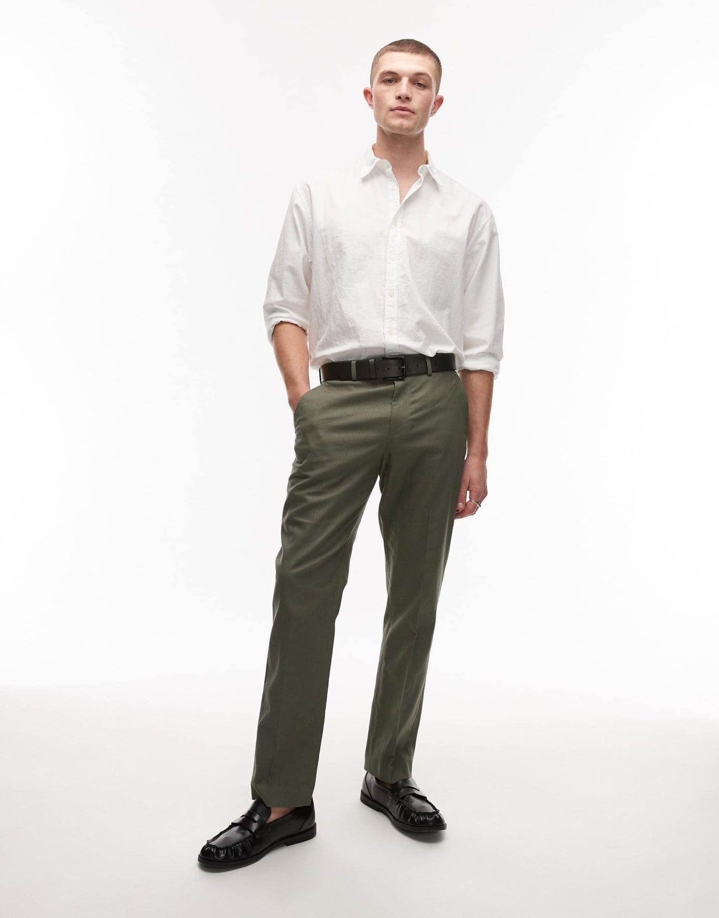 Topman straight fit linen blend suit trouser in khaki - ASOS Sample Sale