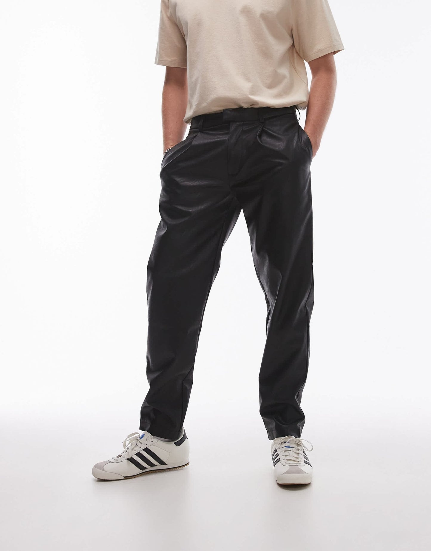 Topman tapered faux leather trousers in black - ASOS Sample Sale