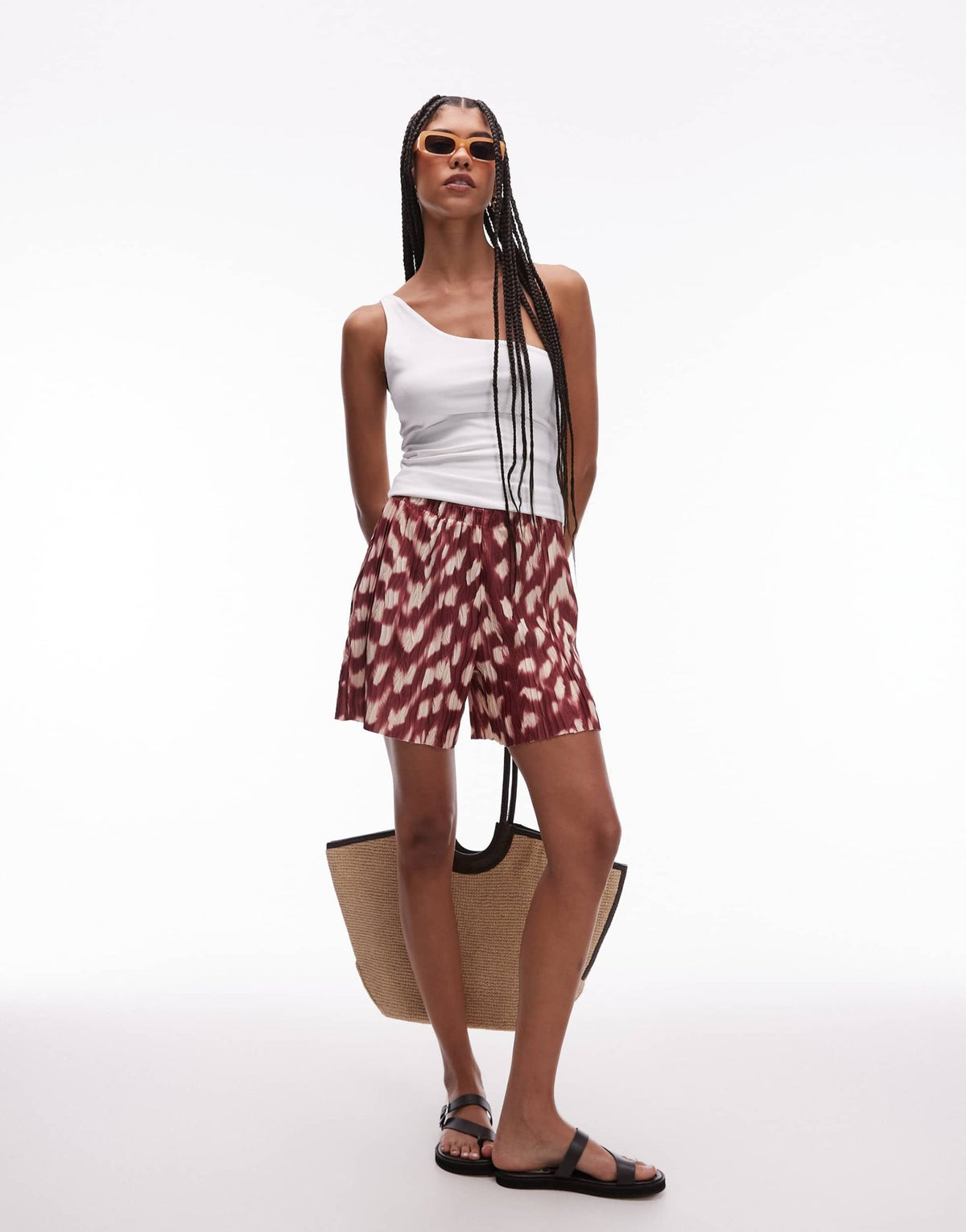 Topshop abstract animal plisse wide leg shorts in burgundy - ASOS Sample Sale
