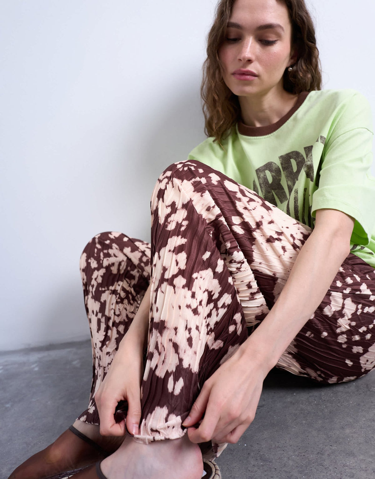 Topshop abstract animal print plisse trousers in brown - ASOS Sample Sale