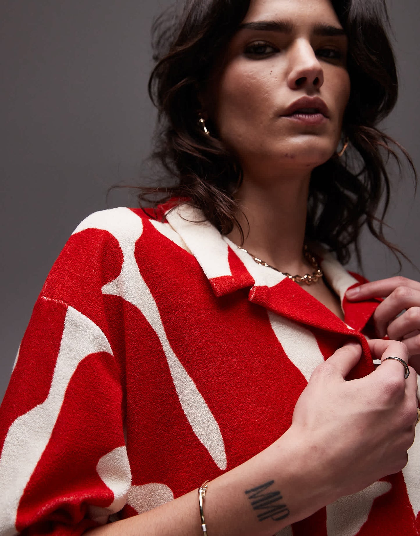 Topshop abstract print towelling boxy shirt co-ord in red - ASOS Sample Sale