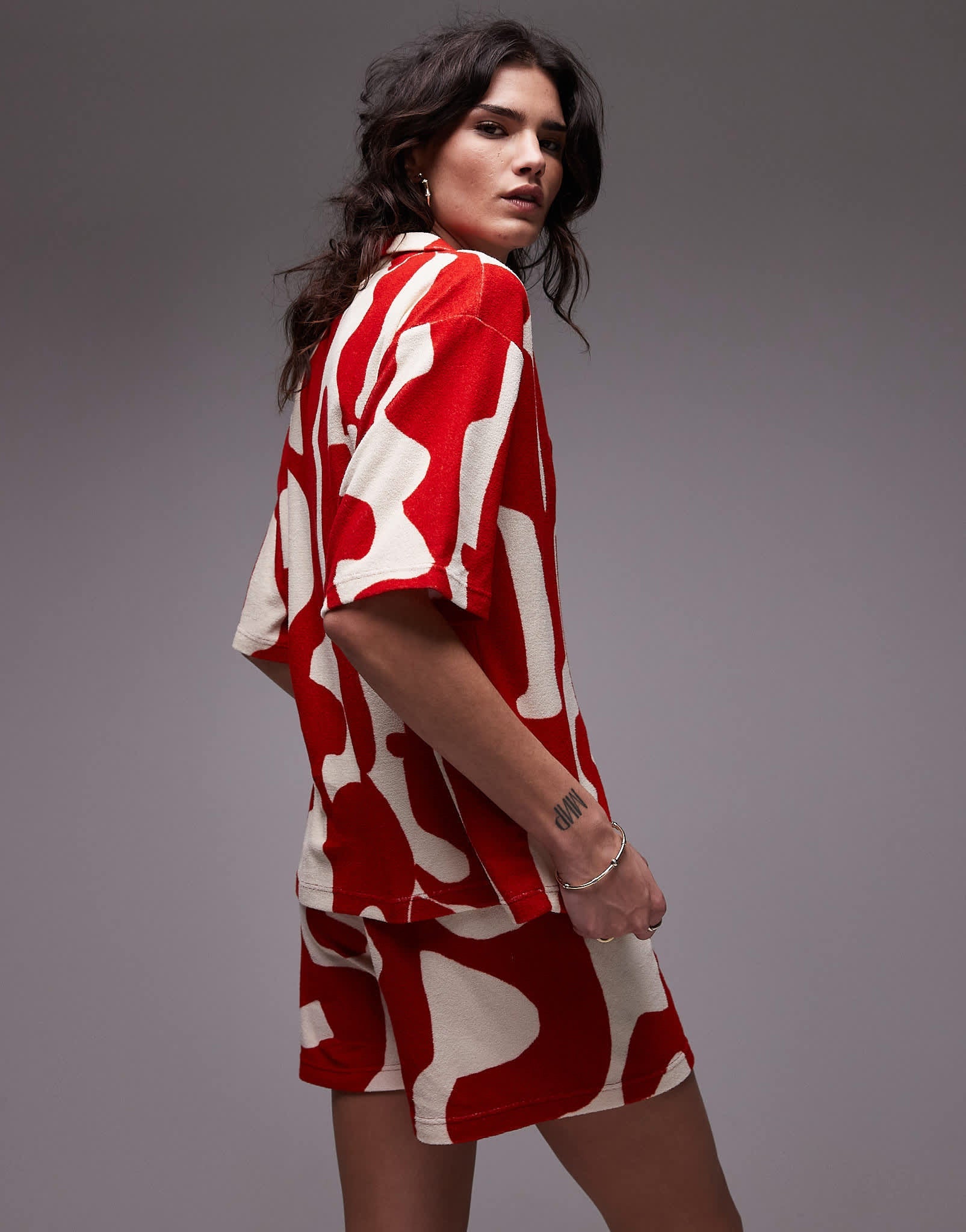 Topshop abstract print towelling boxy shirt co-ord in red - ASOS Sample Sale