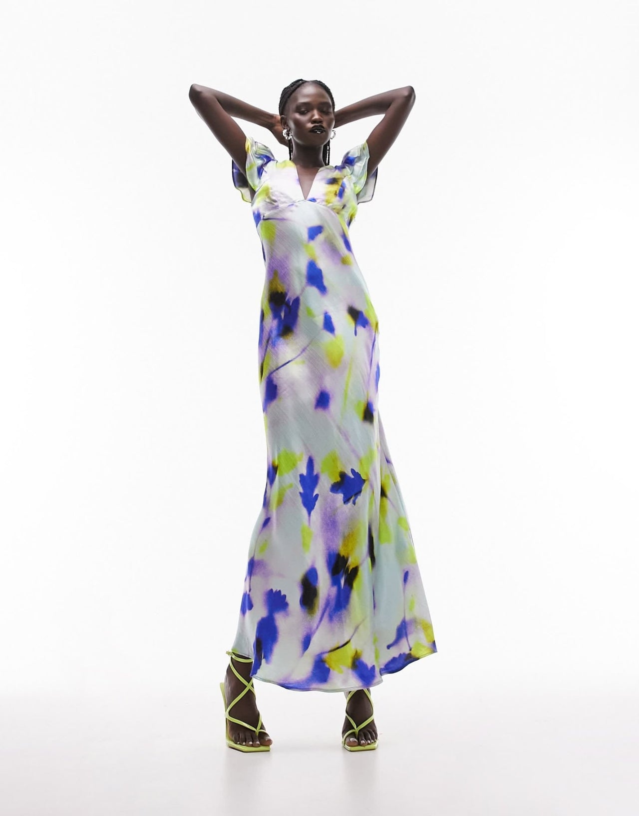 Topshop angel sleeve tie back midi dress in floral print - ASOS Sample Sale