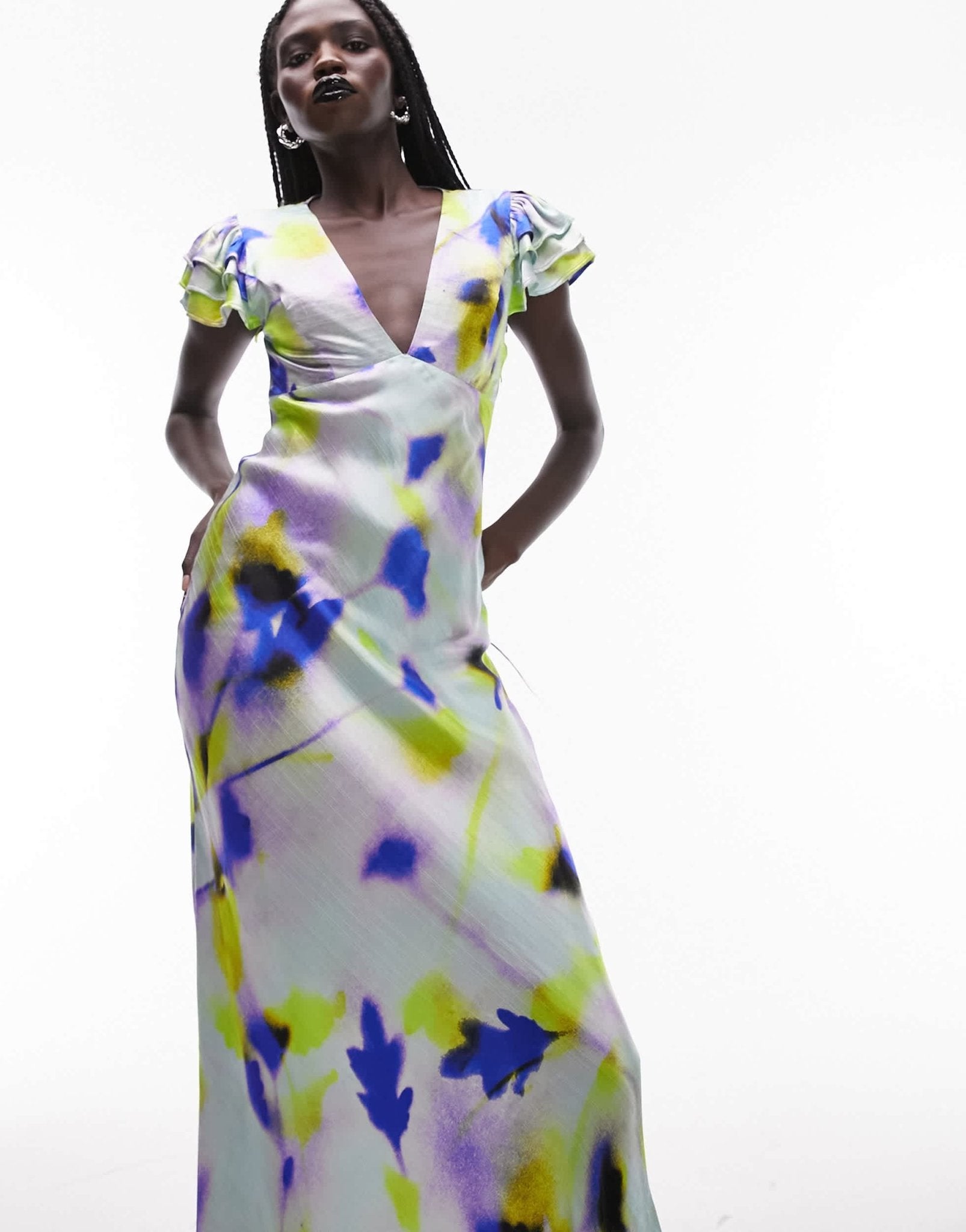 Topshop angel sleeve tie back midi dress in floral print - ASOS Sample Sale