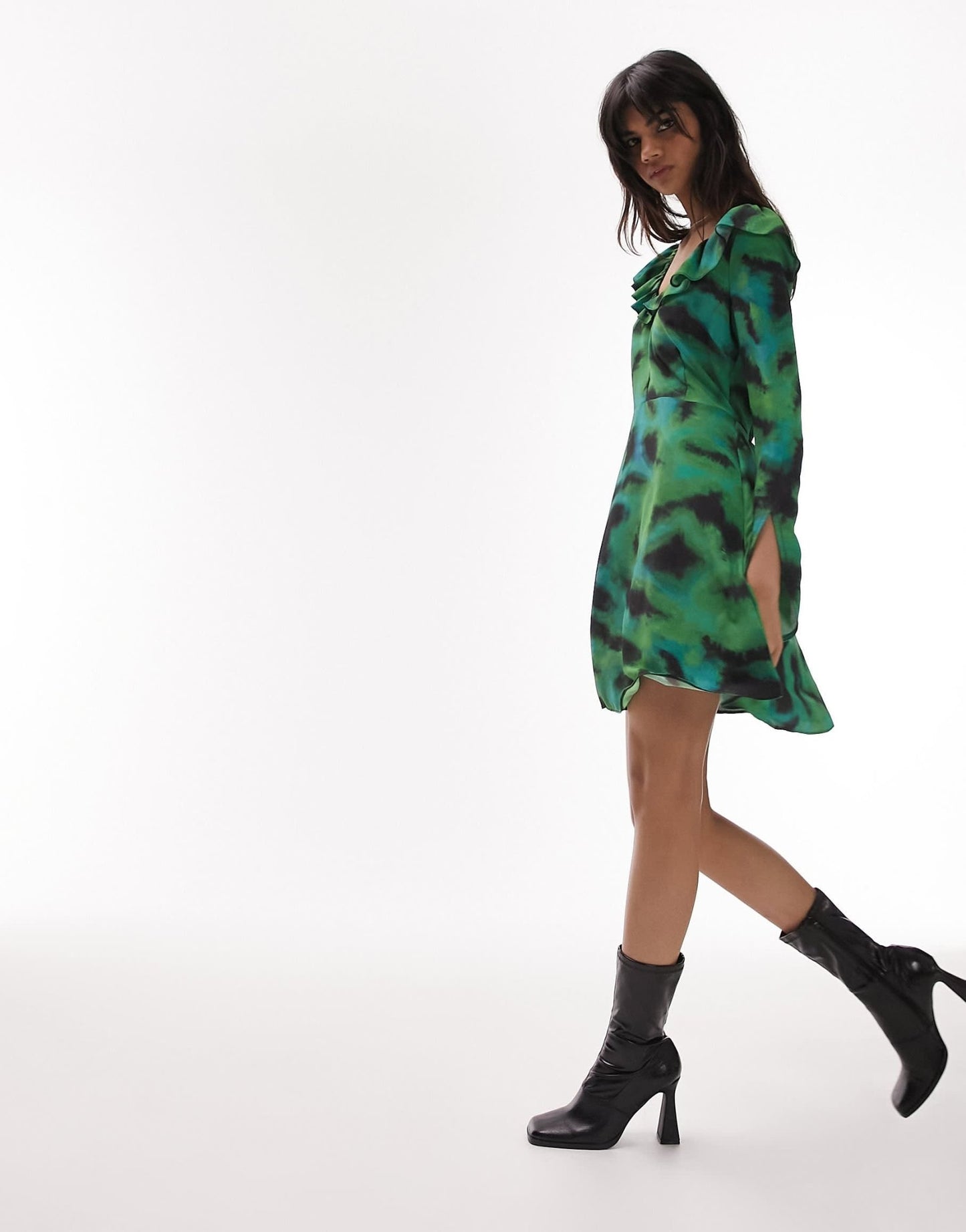 Topshop animal ruffle neck tea dress in green - ASOS Sample Sale