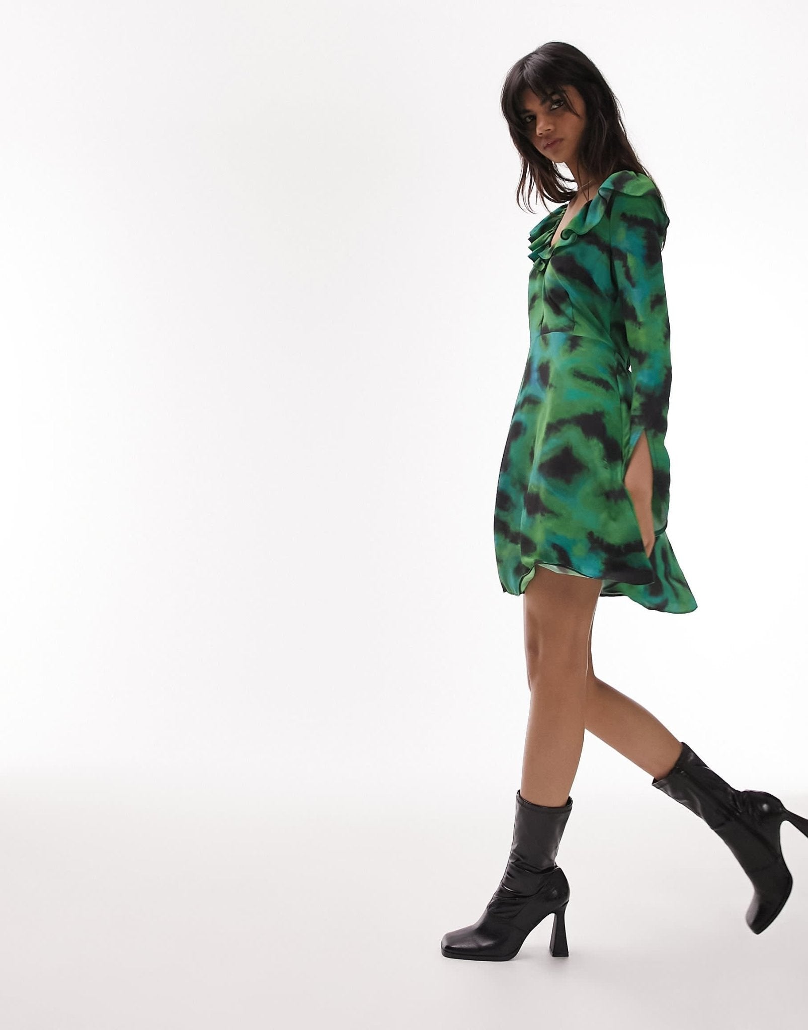Topshop animal ruffle neck tea dress in green - ASOS Sample Sale