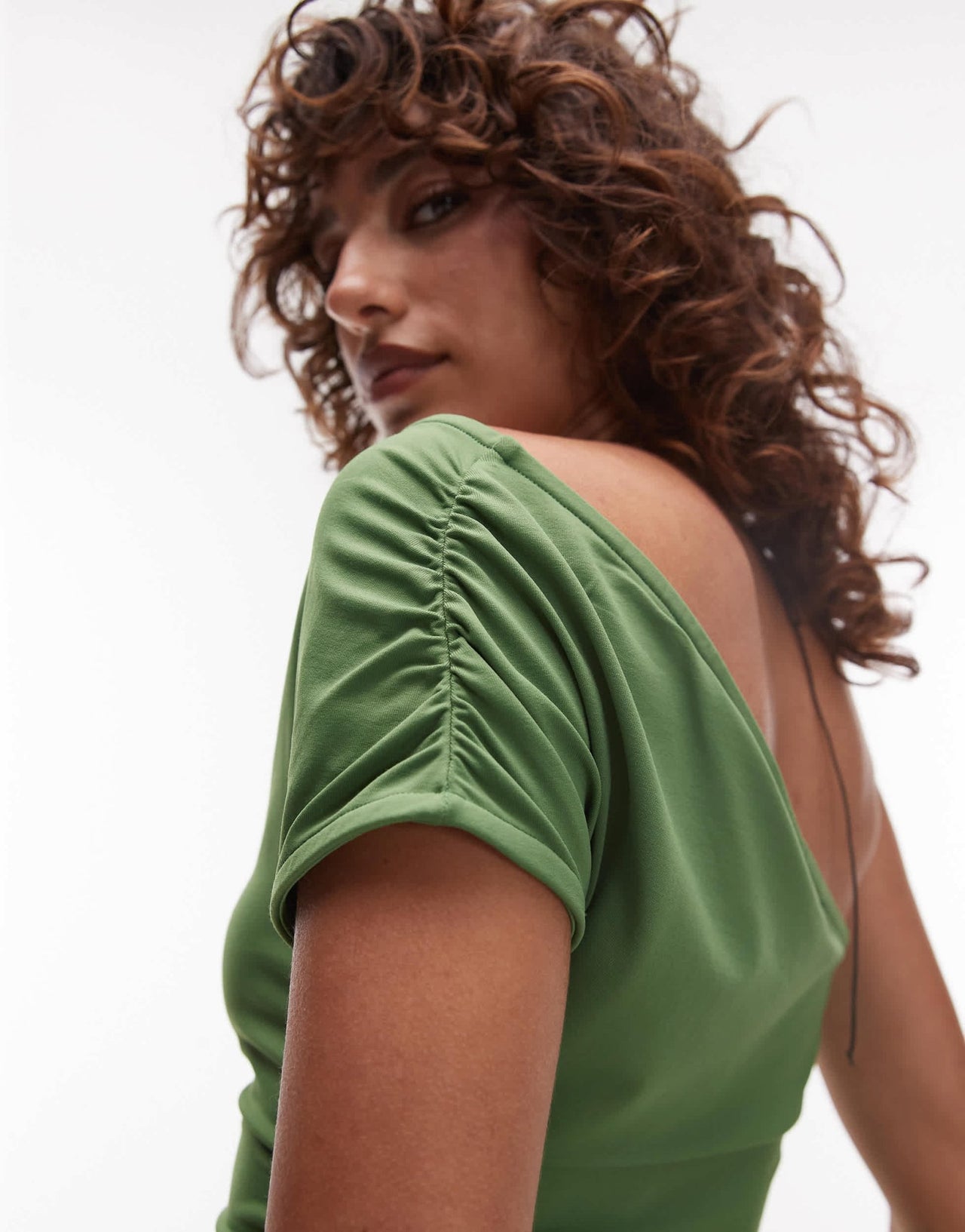 Topshop asymmetric ruched one shoulder top in green - ASOS Sample Sale