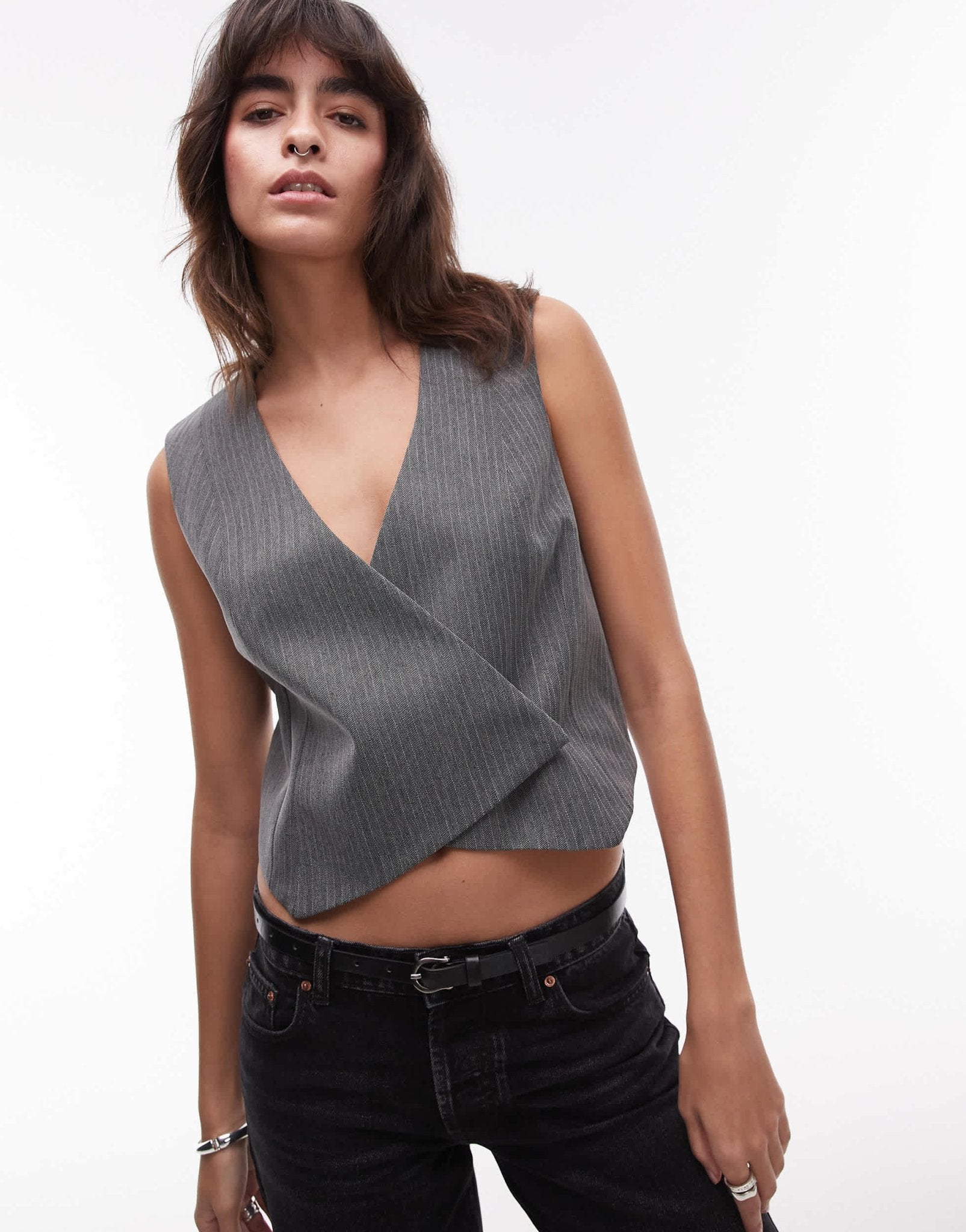 Topshop asymmetric wrap waistcoat in charcoal - ASOS Sample Sale